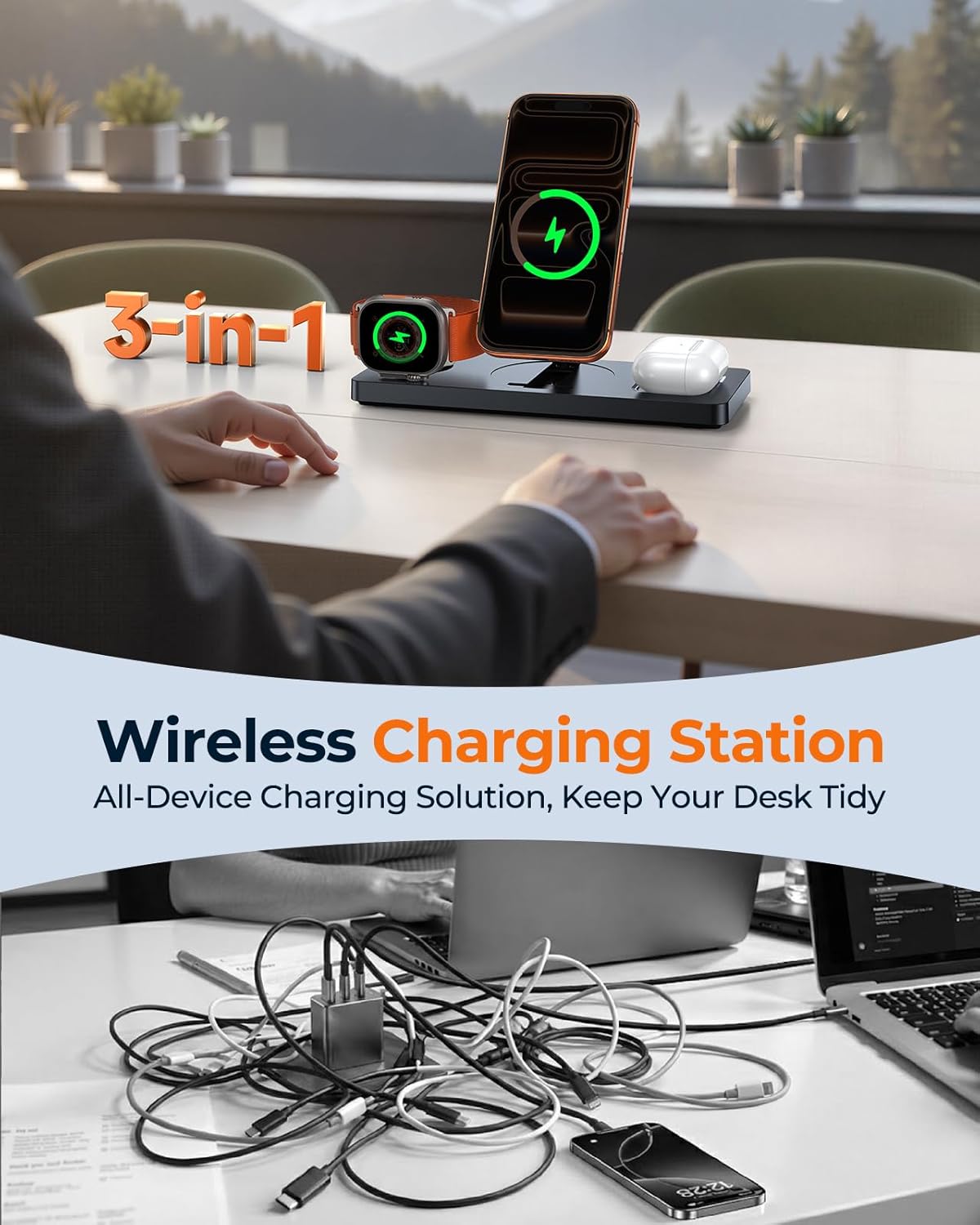 Detalle de Foldable 3-in-1 Wireless Charging Station for Apple MagSafe Charger Stand