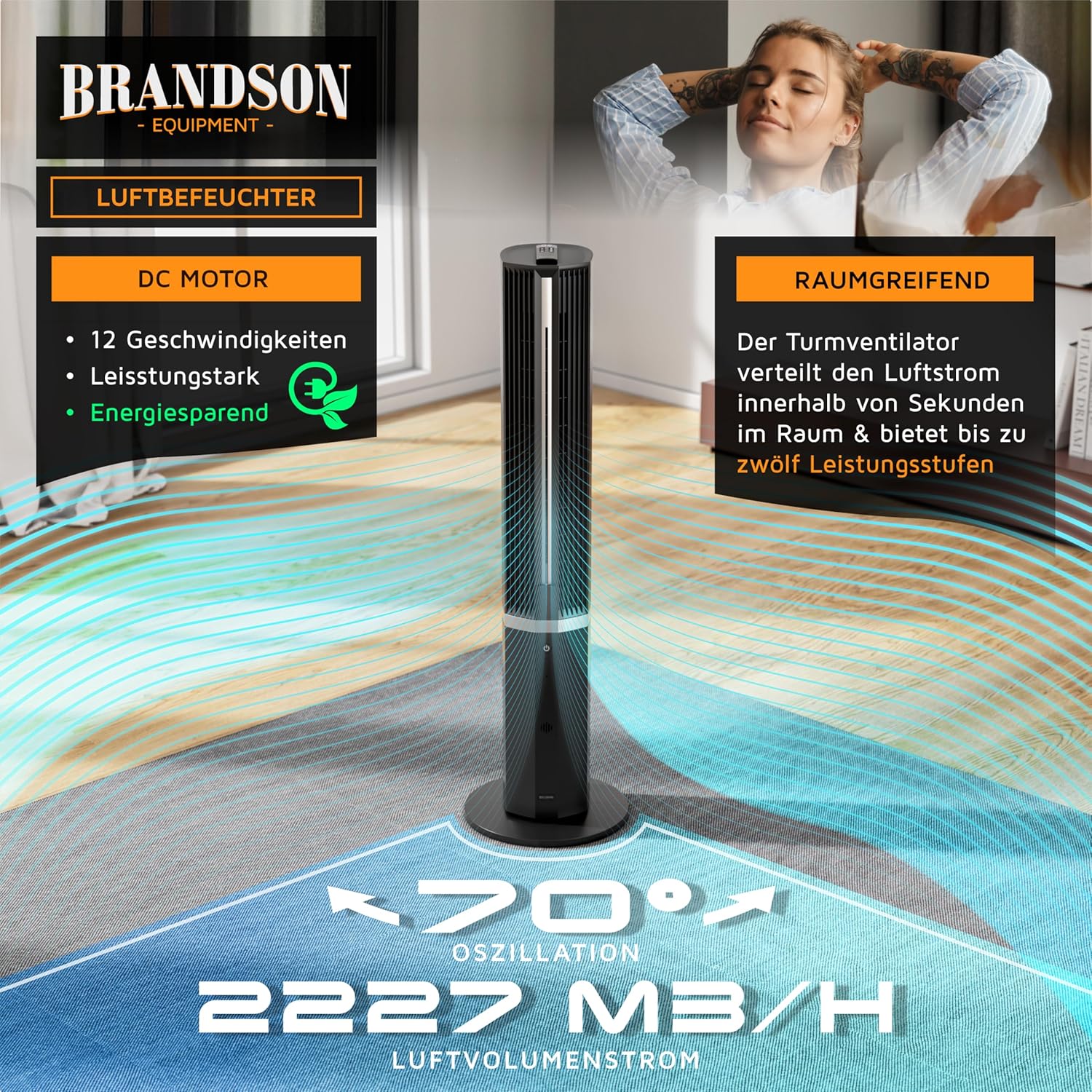 Detalle de Brandson 3-in-1 Klimagerät inkl. Luftbefeuchter – Turmventilator mit Wasserkühlung, 12 Stufen, DC-Motor, Fernbedienung