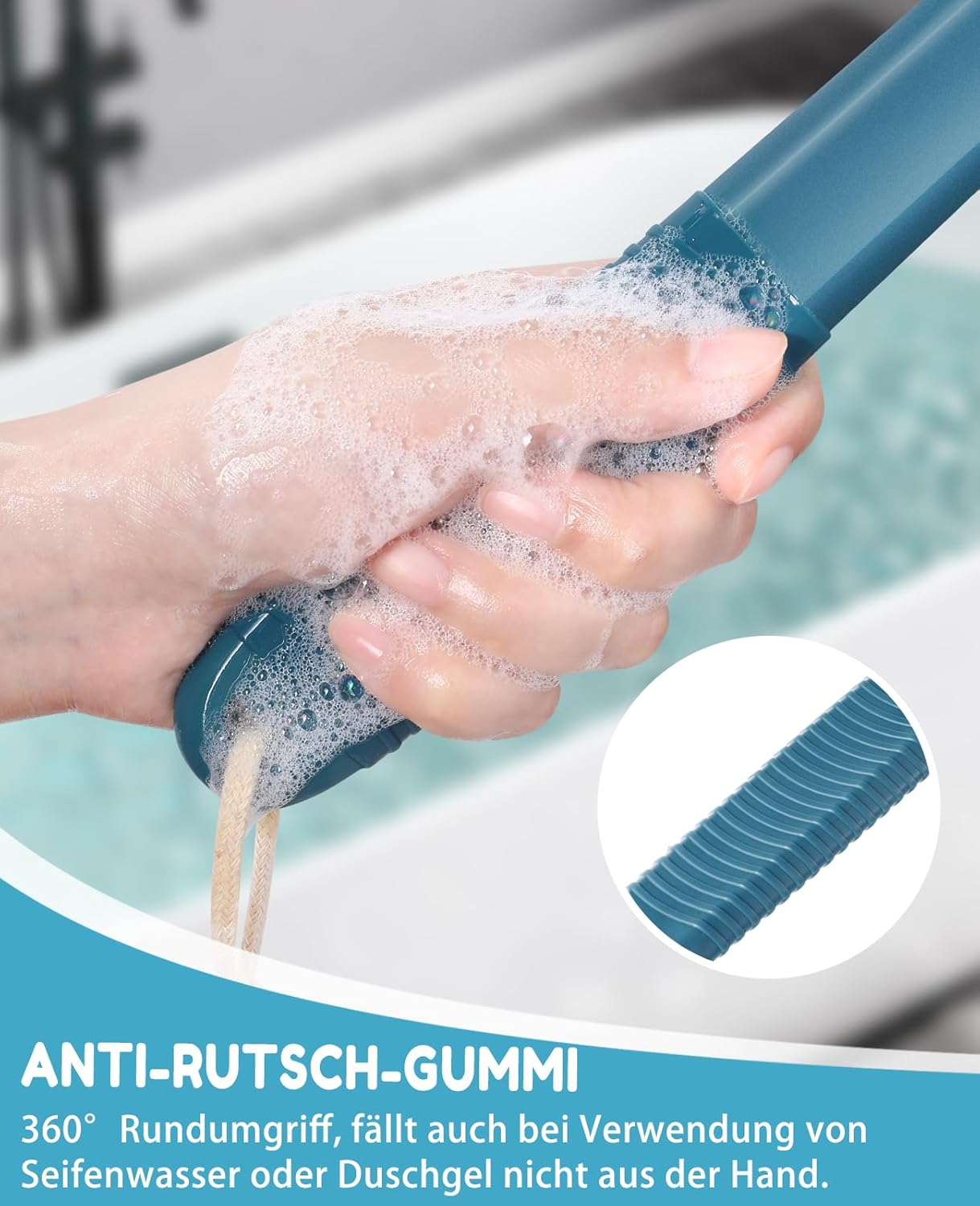 Detalle de Back Scrubber for Shower with 17" Long Handle – Non-Slip Grip, Navy Blue