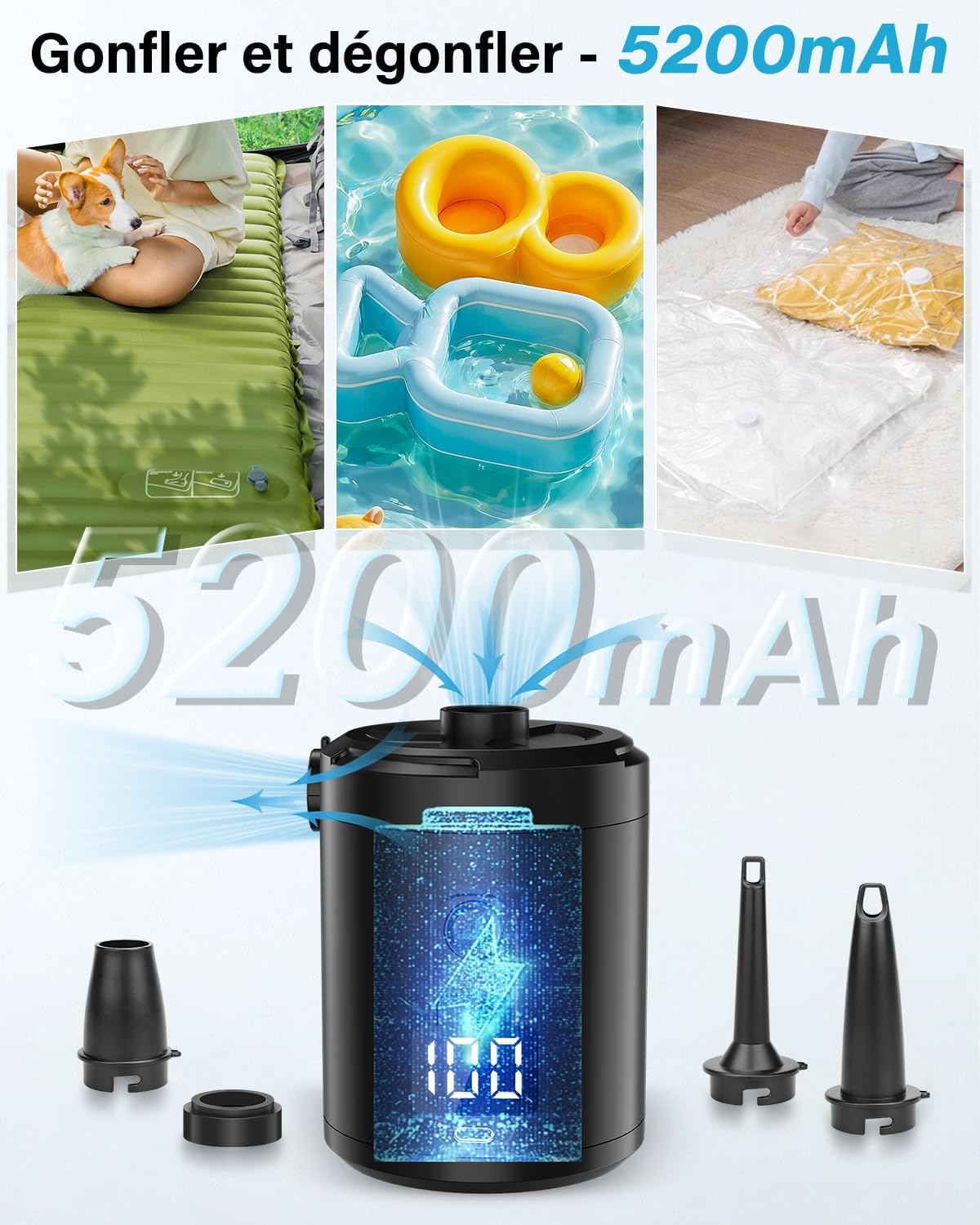 Thumbnail 5 de Lytool Pompe à Air Électrique Rechargeable 5200 mAh avec écran numérique, 3 buses et joint pour sac sous vide