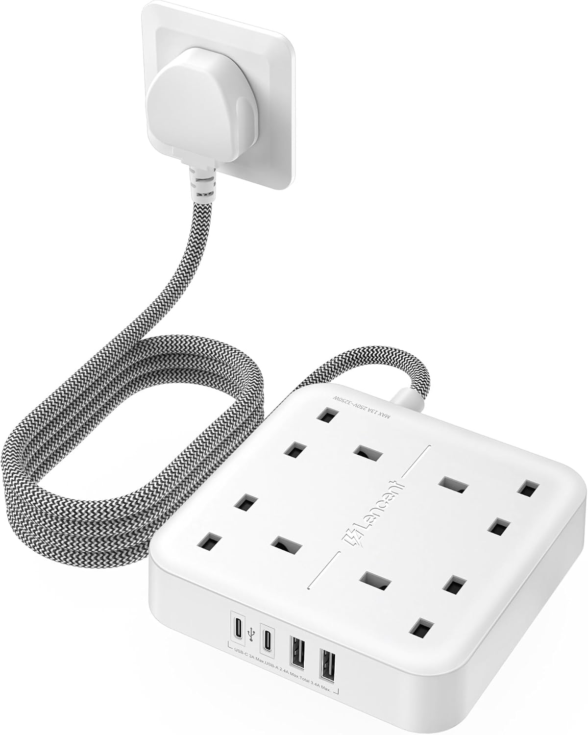 Detalle de LENCENT 4-Way Power Strip 3250W with USB