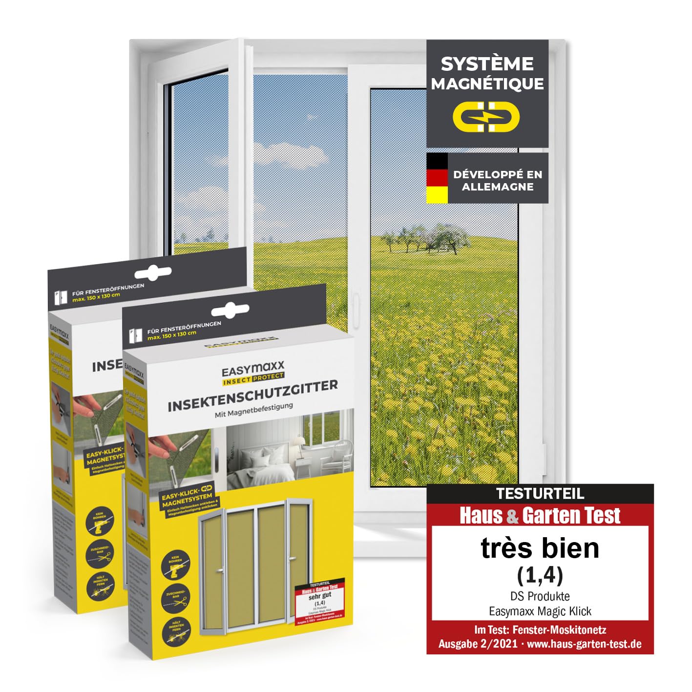 EASYmaxx moustiquaire de fenêtre avec Magic Click, découpable jusqu’à 150×130 cm (2 pièces) : montage sans perçage