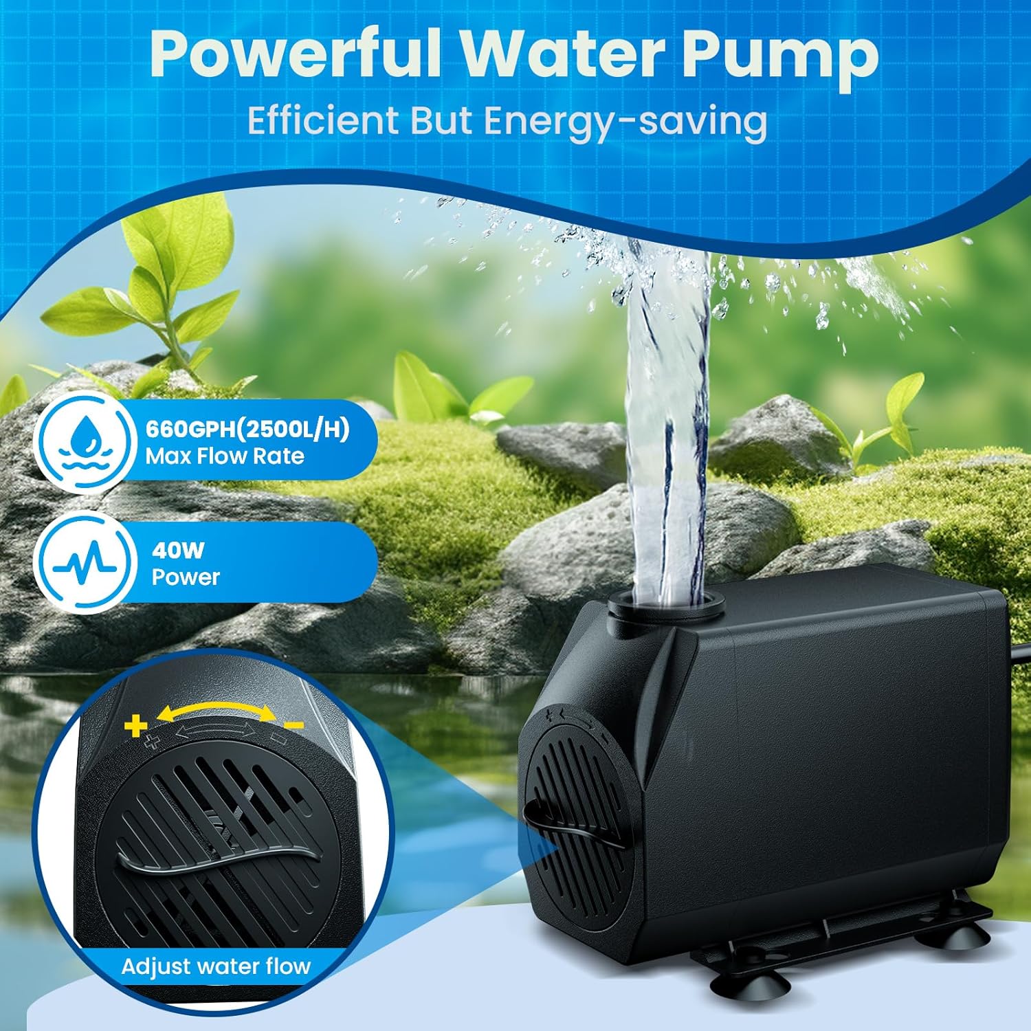 Thumbnail 3 de Biling Pond Waterfall Spillway Kit with Pump (300mm / 12.2in) – DIY waterfall weir box with 40W 660 GPH pump