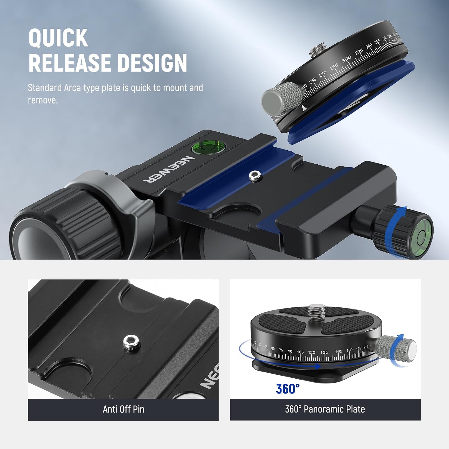 Thumbnail 3 de NEEWER TH15 3-Way Geared Tripod Head with Gears – 3-Axis Pan Tilt in Aluminium