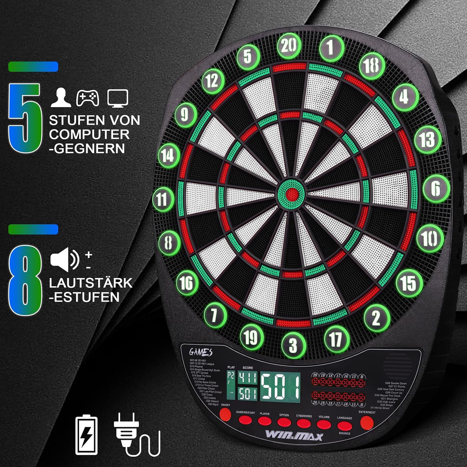 Thumbnail 3 de WIN.MAX Elektronische Dartscheibe Profi Set – 34 Games mit 354 Varianten, 3 Sprachen (DE/EN/FR) und Platz für 12 Darts