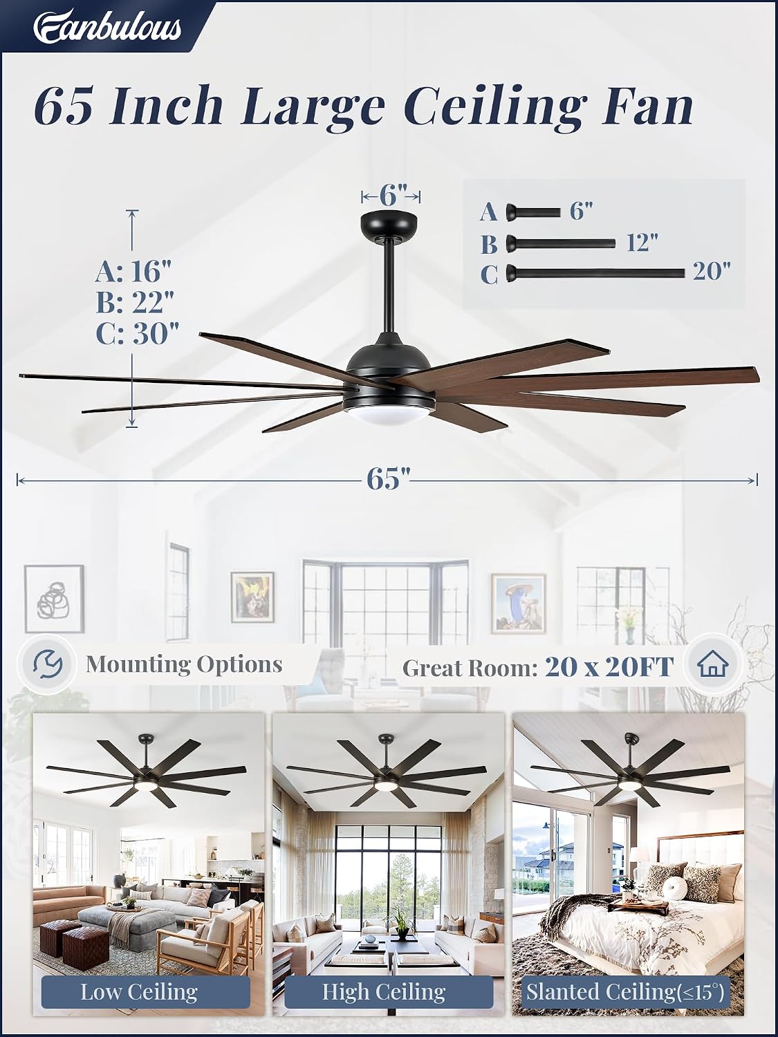 Detalle 2 de Fanbulous 65 Inch Ceiling Fan with Lights and Remote — Black Indoor/Outdoor, Quiet DC Motor