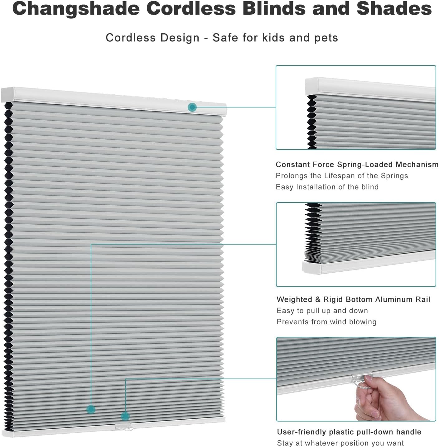 Detalle de Changshade Shade Cordless Cellular Window Shade, 24" x 48", Gray Blackout