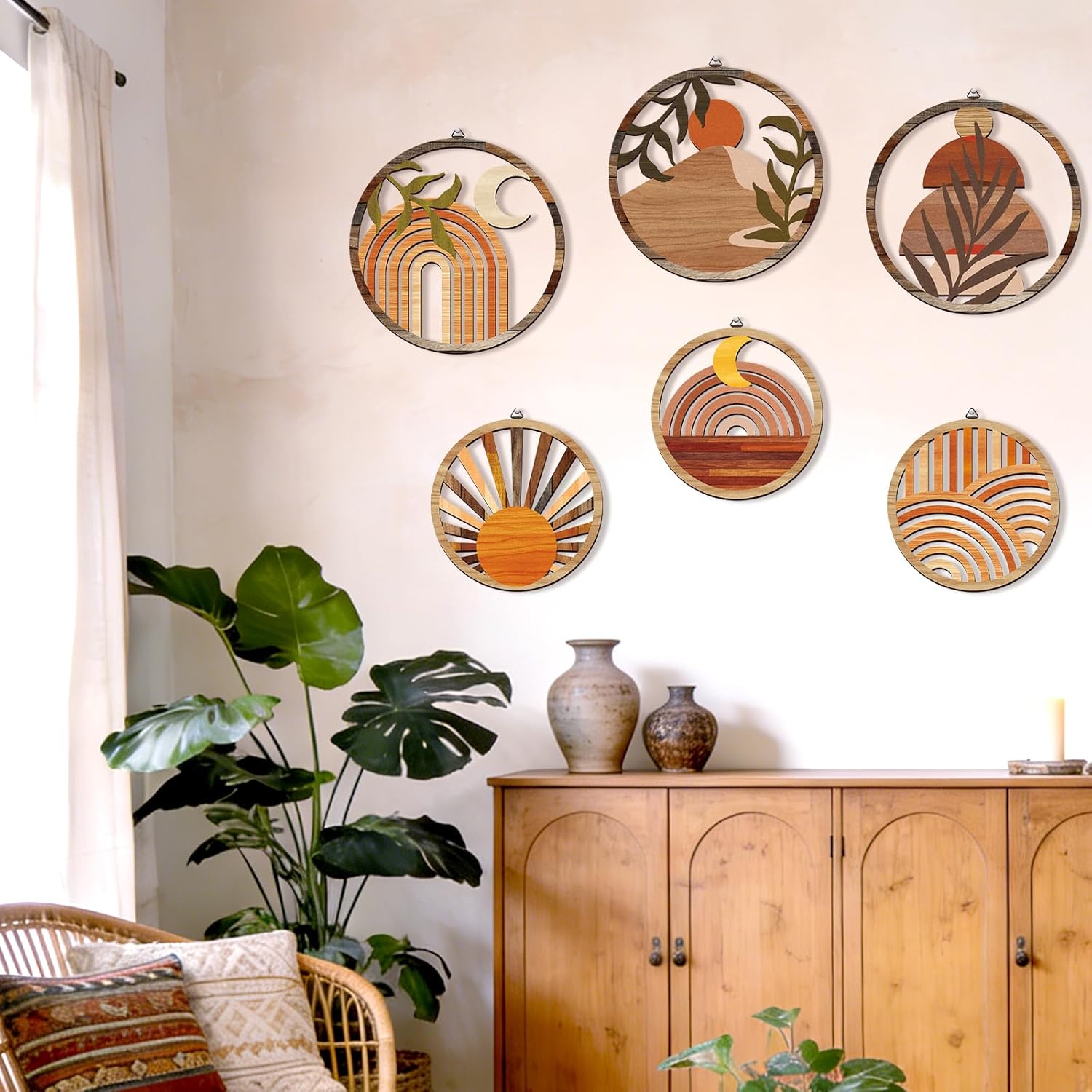 Thumbnail 2 de Twinklemon set of 6 bohemian wooden wall art pieces with round moon & sun designs and hooks