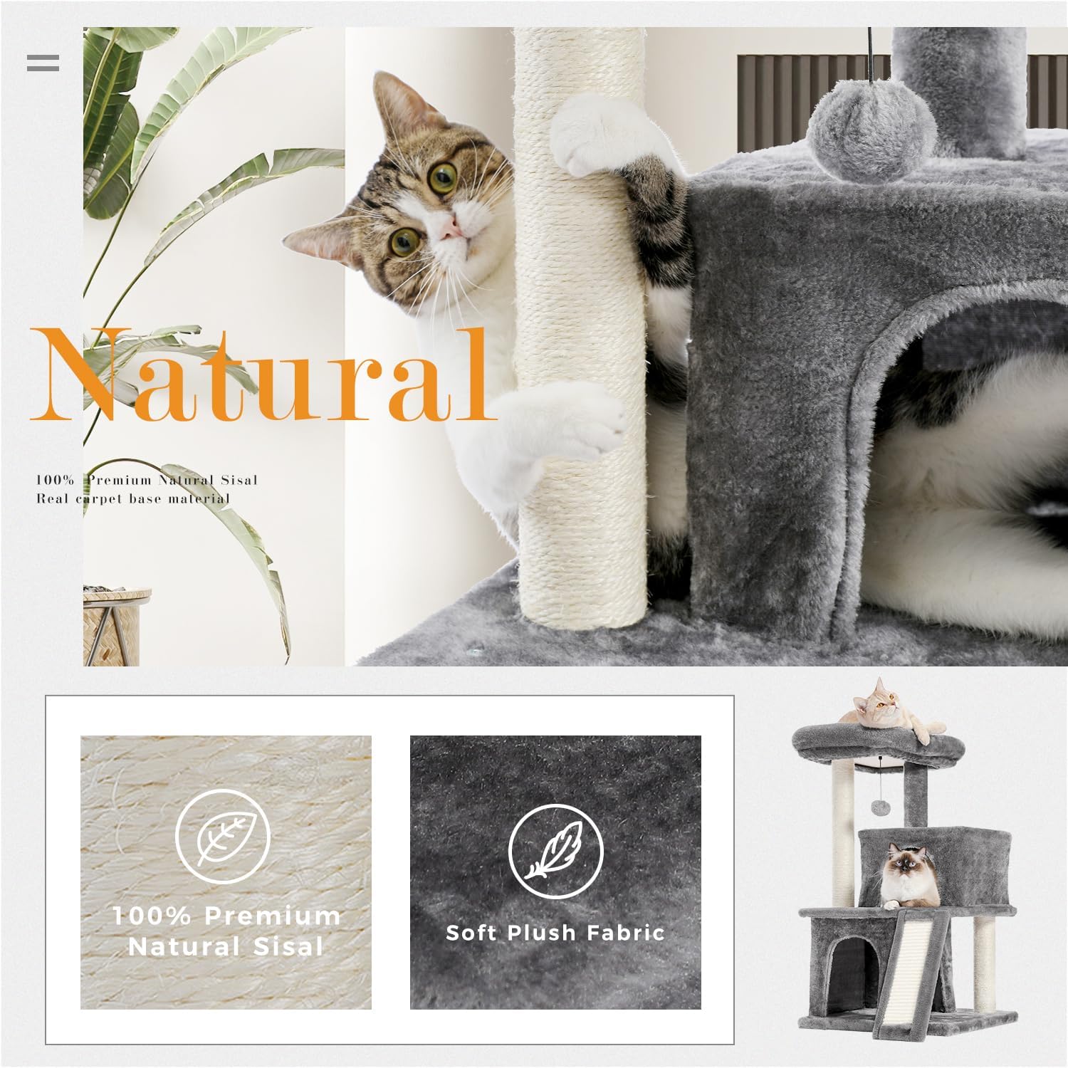Thumbnail 2 de PETEPELA Cat Tree 90cm: Double Condos, Removable Perch and Fully Wrapped Scratching Posts