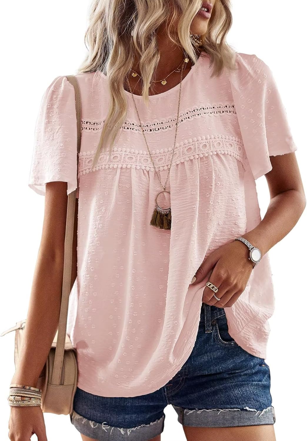 Detalle de Falechay Women's Summer Tops: Boho Crochet Lace Blouse with Flowing Chiffon