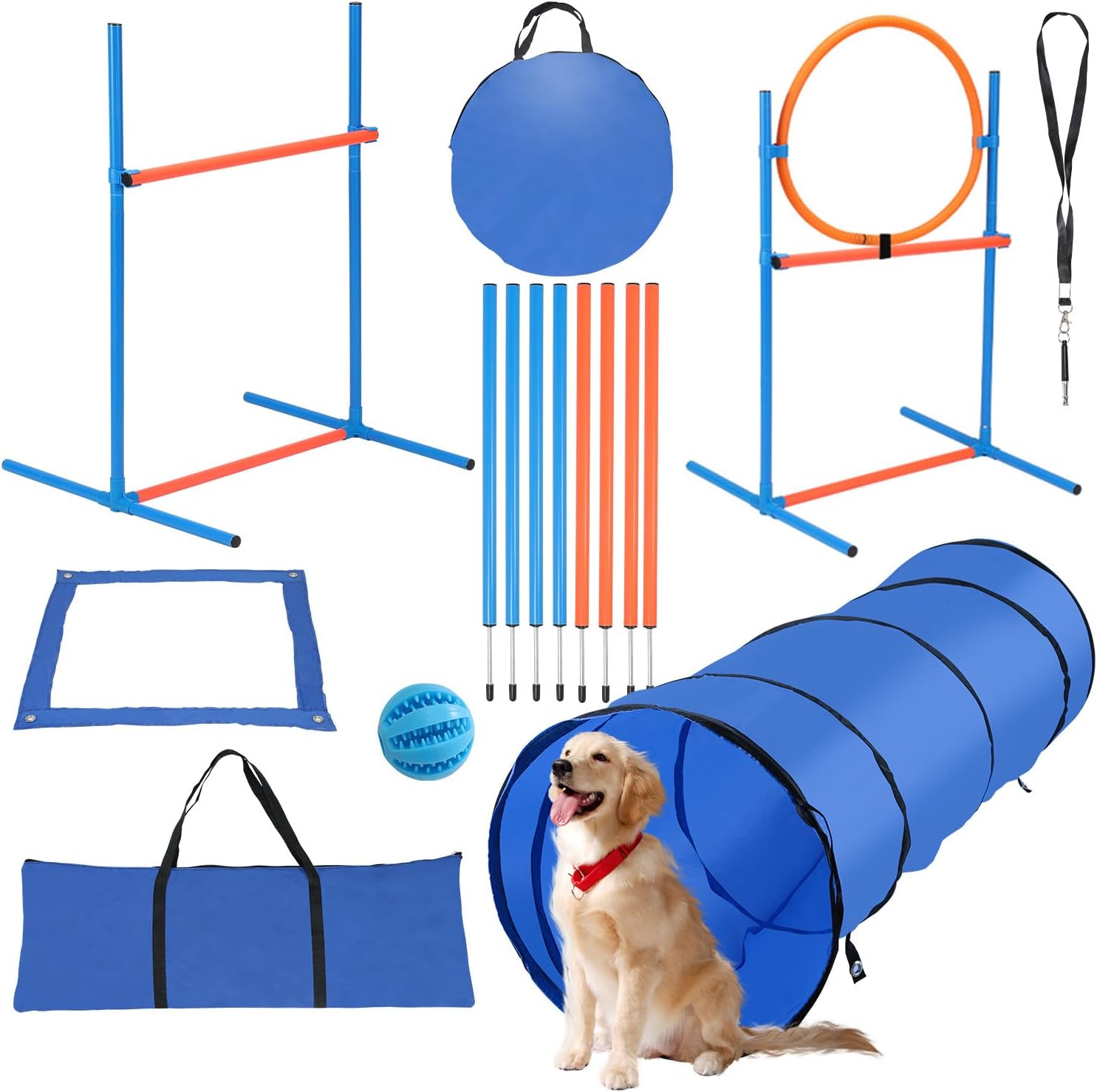 Hebitod Agility Set Hunde – 5-teiliges Set für flexibles Hundetraining (Slalom, Hürde, Sprungring, Tunnel)