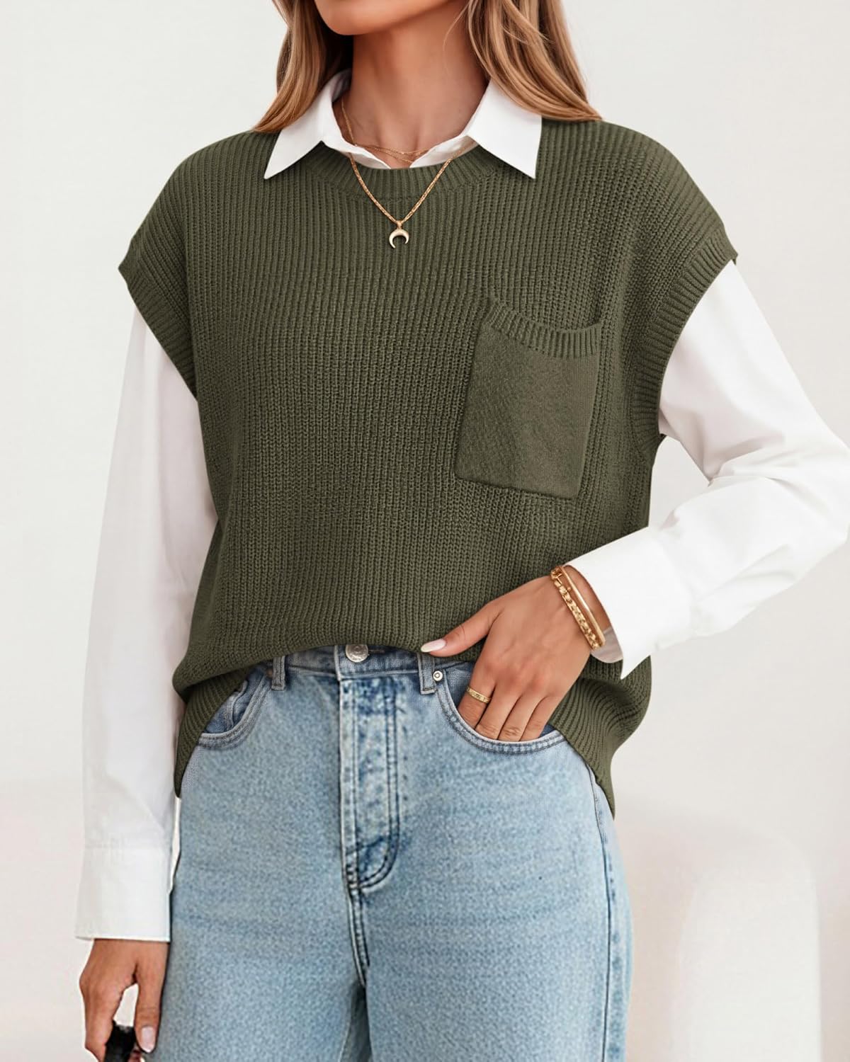 Thumbnail 5 de KIRUNDO Women’s Short Sleeve Sweater Vest (Cotton Knit Pullover Tank Top), Crew Neck Ribbed Knit