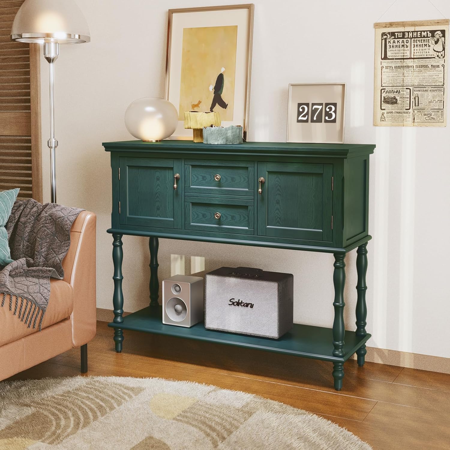 Detalle 2 de MROJISC Tavolo consolle con cassetti e armadietto in legno verde, stile retro e neoclassico
