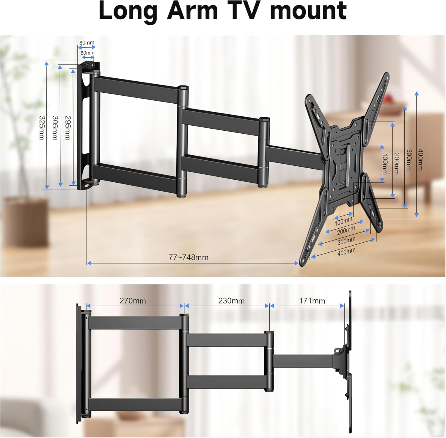 Detalle de XINLEI TV Wall Bracket Tilt Swivel Wall Mount (23–65"), Extendable up to 748mm