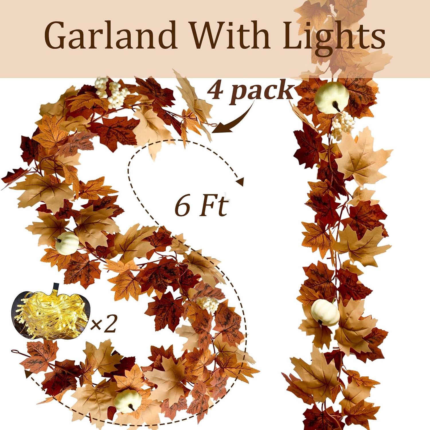 Detalle de Cherica JH012-Brown-4 Fall Garland with Lights, 24 Feet, Brown Maple Leaves