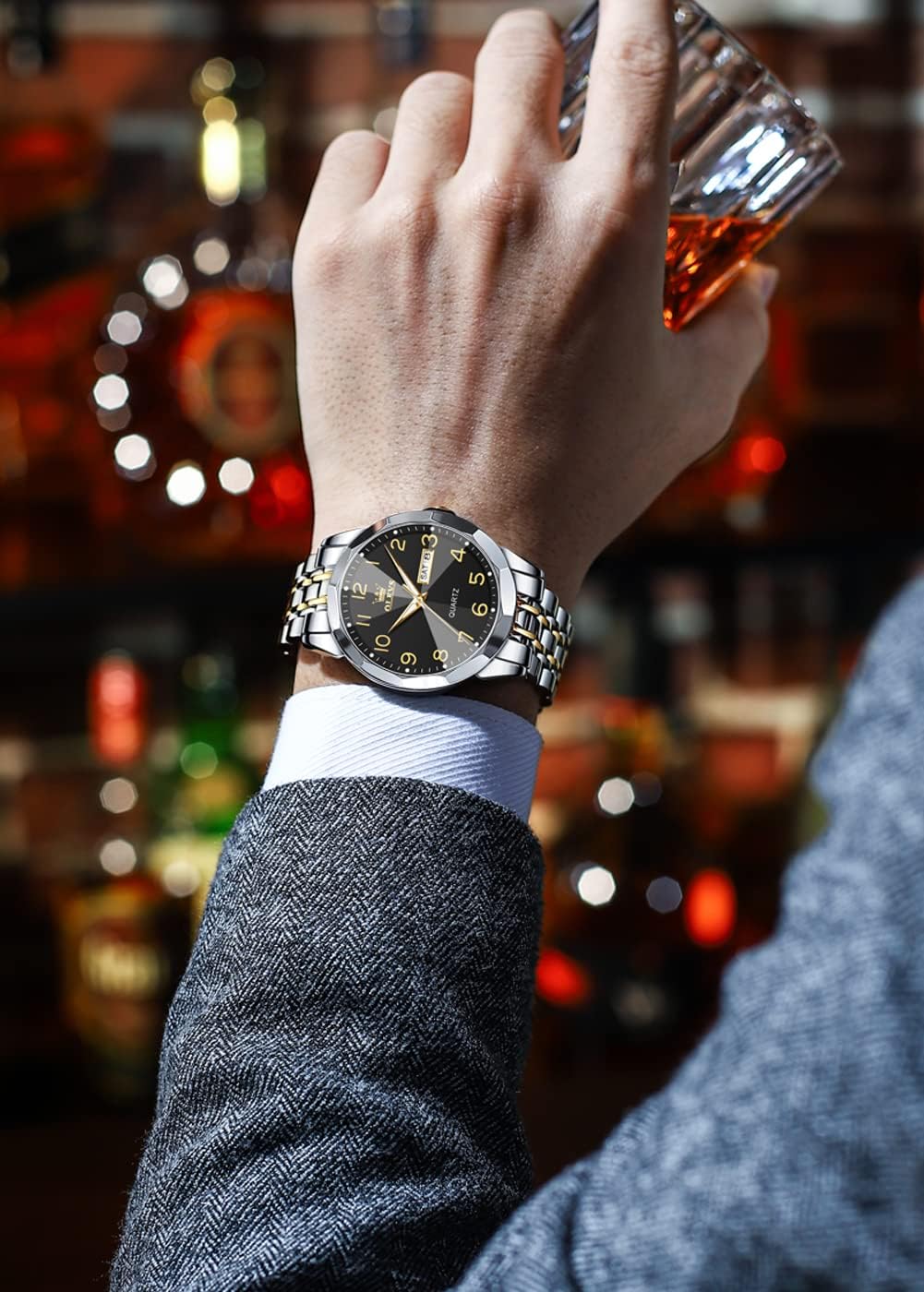 Detalle de OLEVS Herrenuhr in Gold/Silber – Business-Kleid Luxe mit Quarzwerk, leuchtendem Zifferblatt und 30 m Wasserschutz
