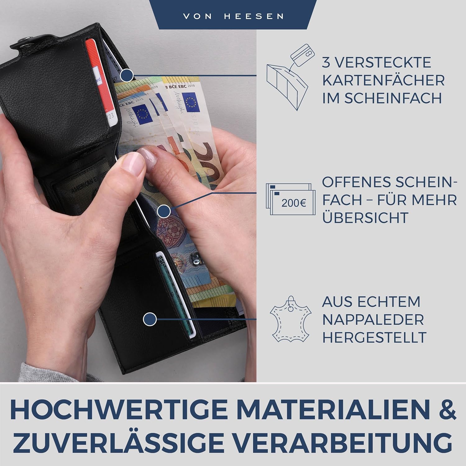Thumbnail 3 de VON HEESEN Slim Wallet mit XXL Münzfach & RFID-Schutz – Leder Kartenetui im Schwarz-Design