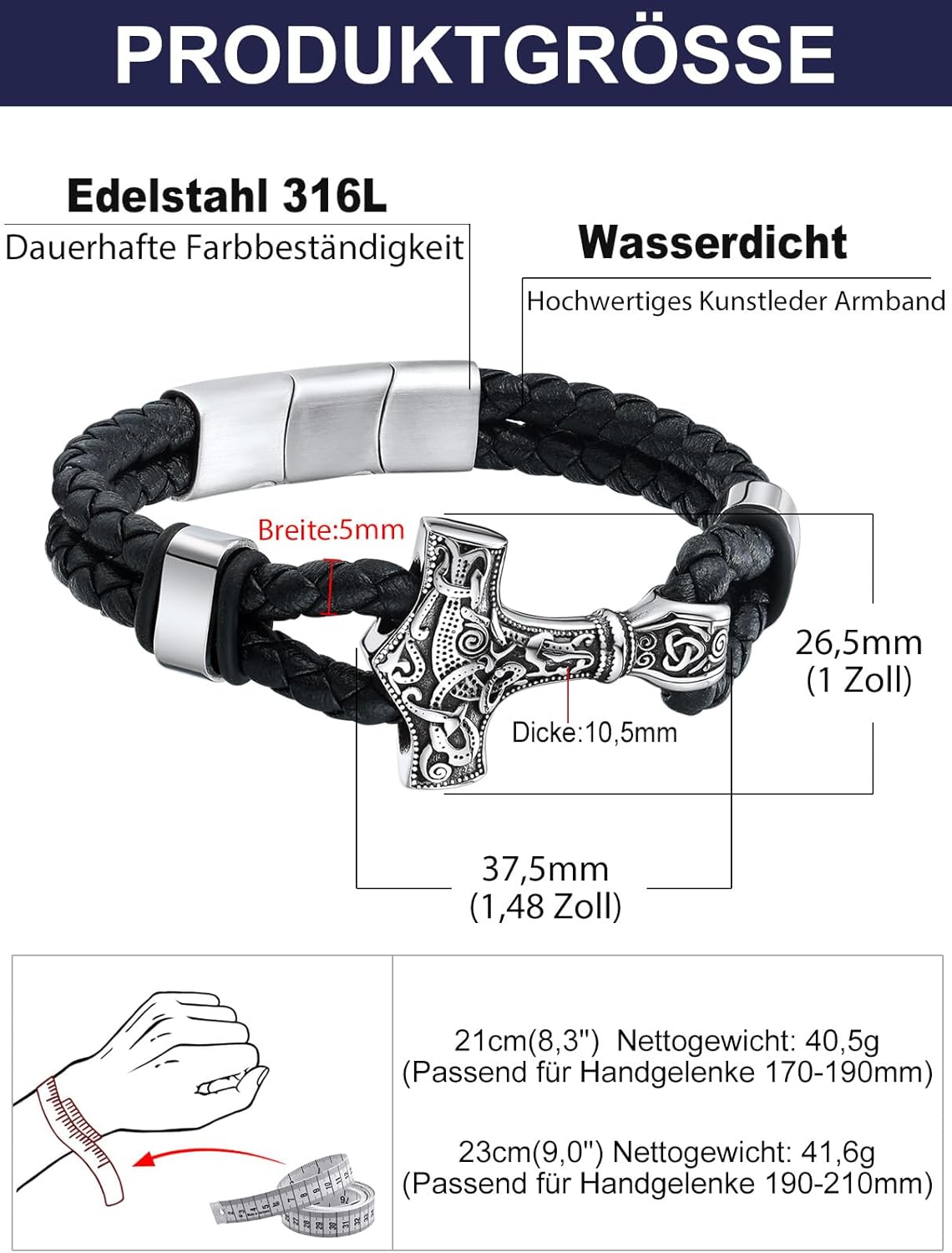 Thumbnail 2 de Bandmax Lederarmband Herren Mjölnir/Totenkopf – personalisierbar, Magnetverschluss, Wickelarmband