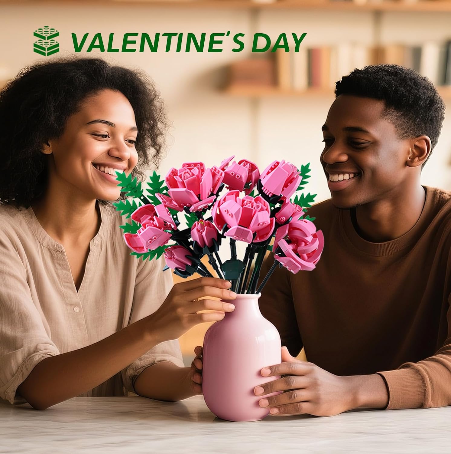 Detalle 2 de SIENON Pink Rose Flower Building Set – 10 Roses + 2 Leaves (Botanical Collection)