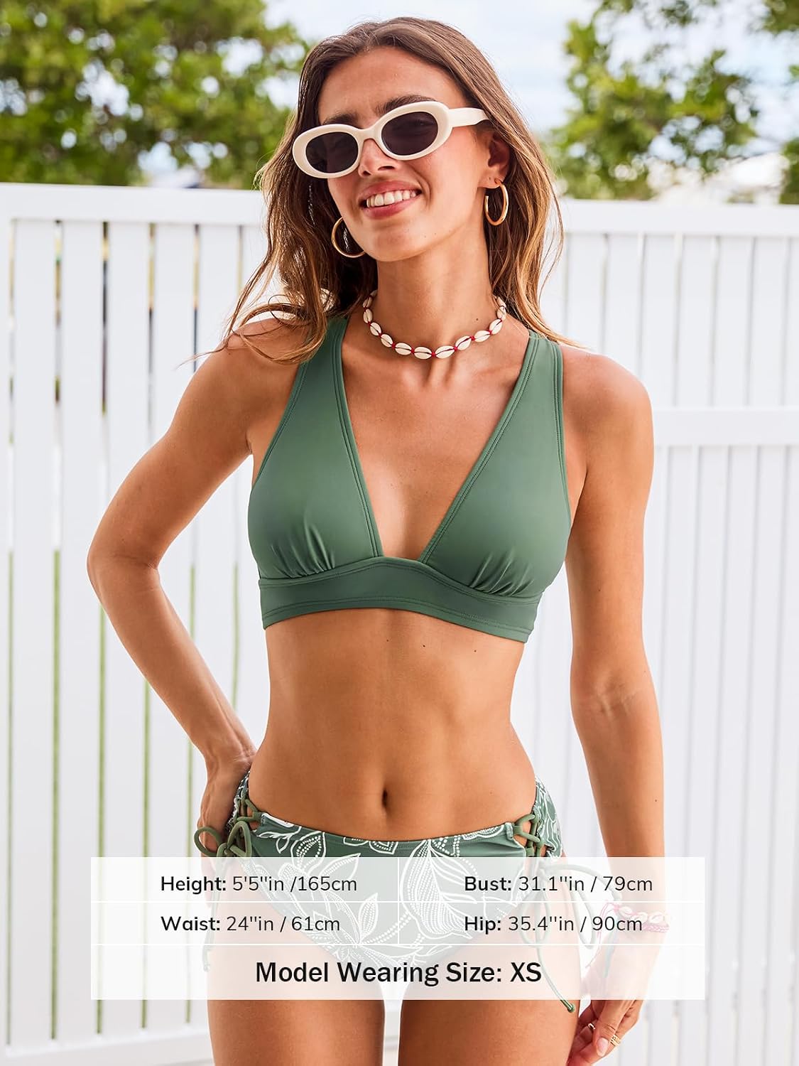 Detalle de CUPSHE Damen Bikini Set V-Ausschnitt Lace Up Bademode Crossback – Zweiteiliger Badeanzug