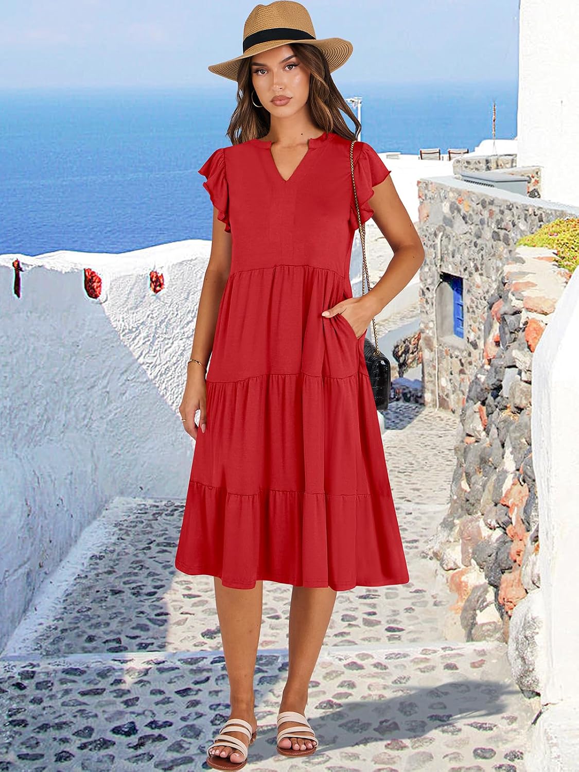 Detalle de ANRABESS Women's Summer Dress with Ruffle Sleeves and V-Neck Midi — Boho Casual Sundress