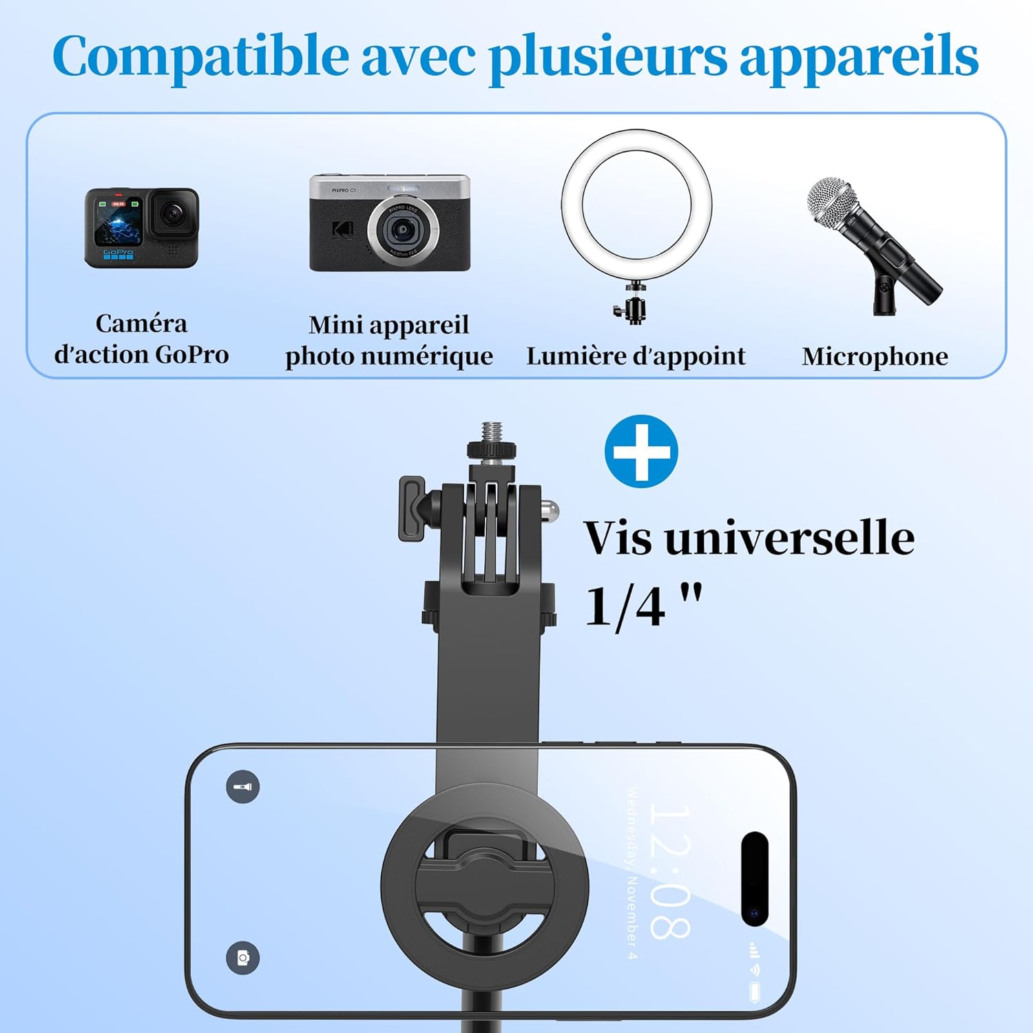 Thumbnail 2 de Trépied magnétique PlusAcc 176 cm pour MagSafe (Snap & Go) avec tête rotative 360° et télécommande détachable