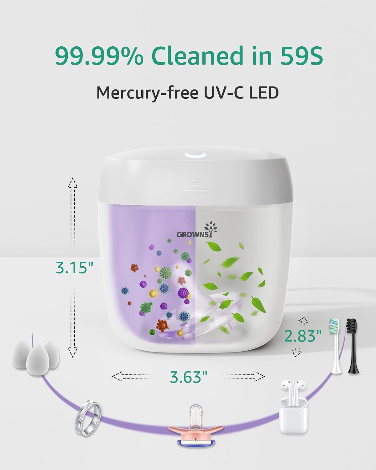 Detalle de GROWNSY SP01 Portable Pacifier Sanitizer Case with UV-C LED and USB Charging