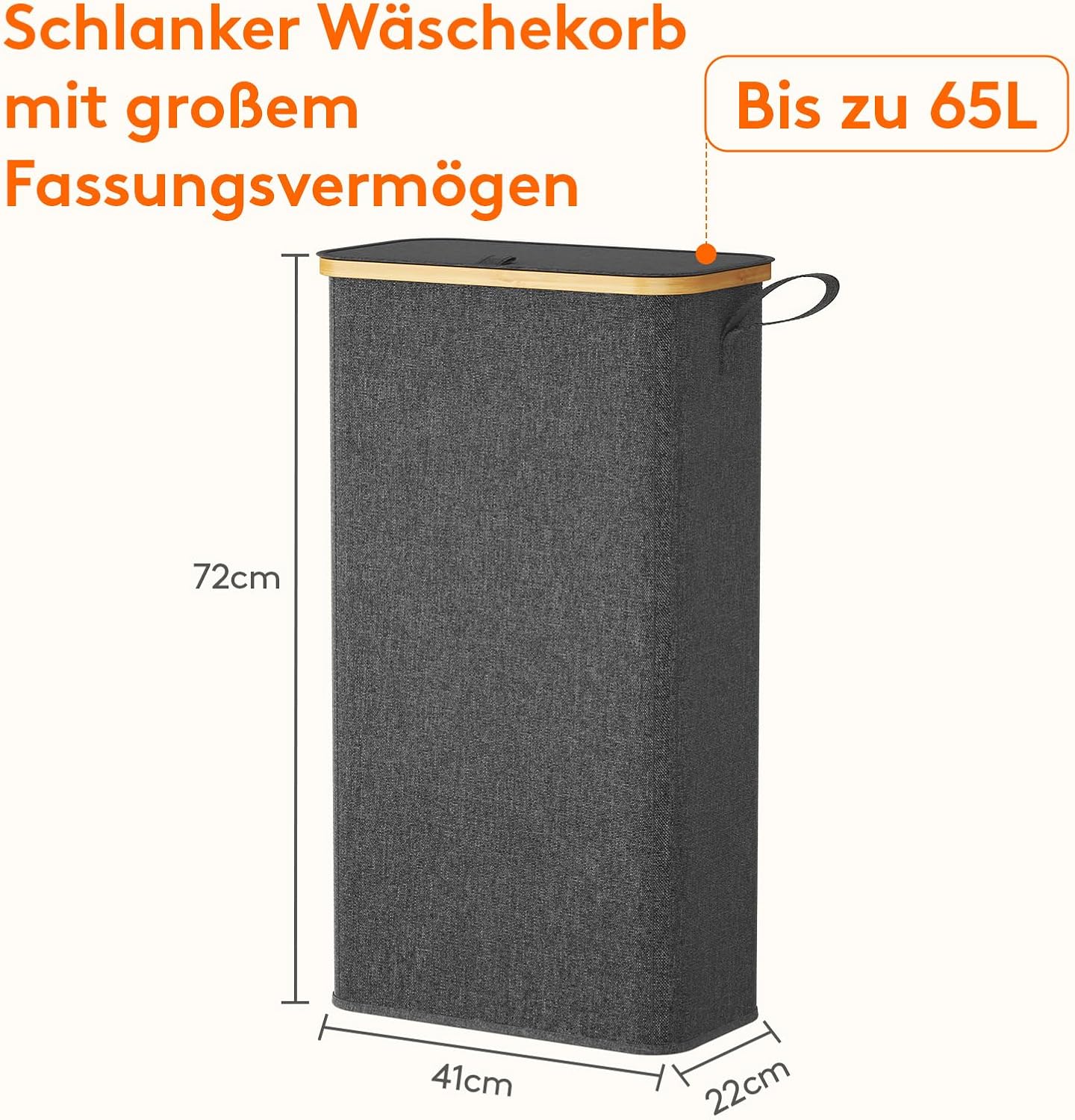 Thumbnail 2 de Lifewit 65L Wäschekorb Schmal mit Deckel – faltbar, mit Innentasche, dunkelgrau