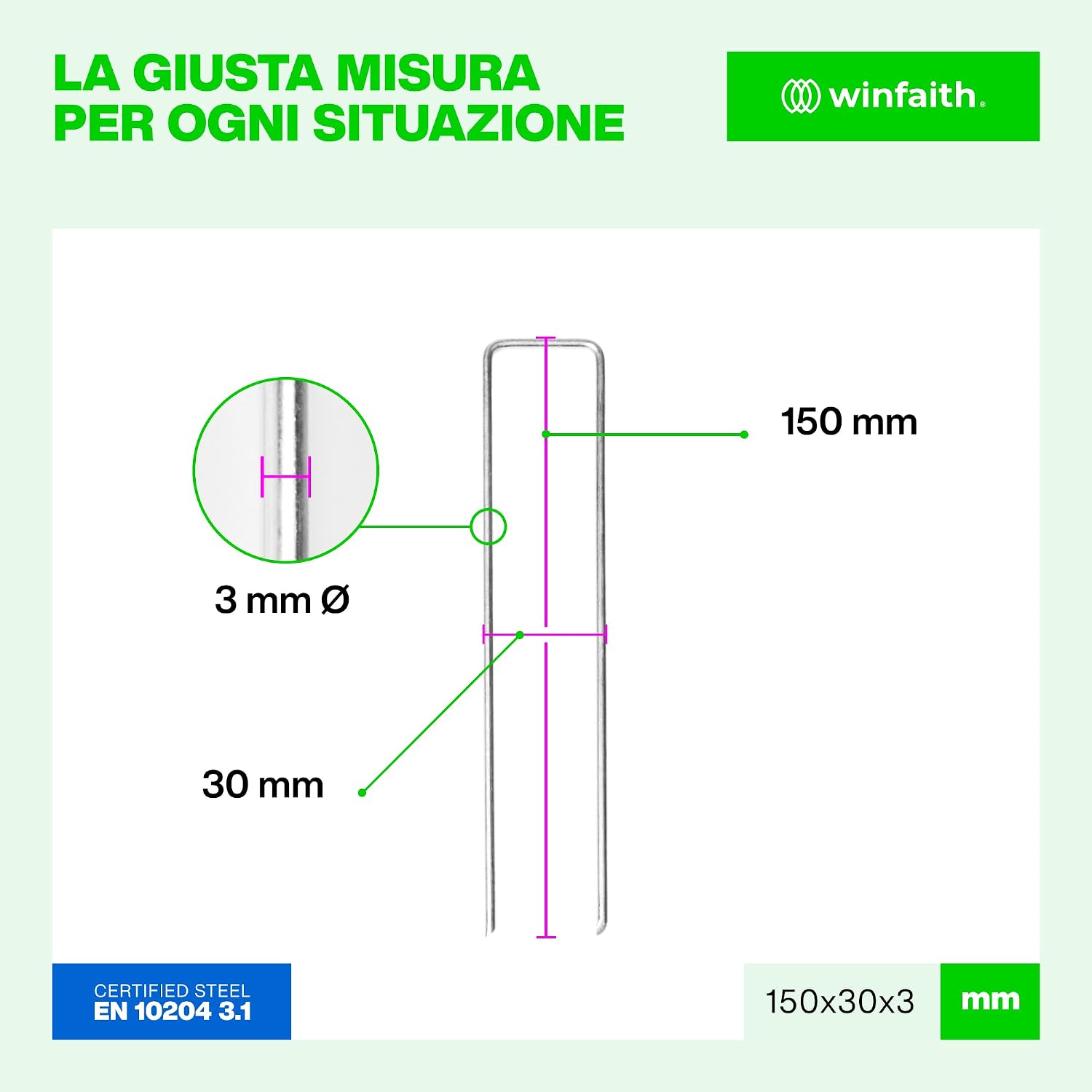 Detalle de WINFAITH Picchetti Telo Pacciamatura 3 mm x 30 mm – 100 pezzi in acciaio zincato, anticorrosione