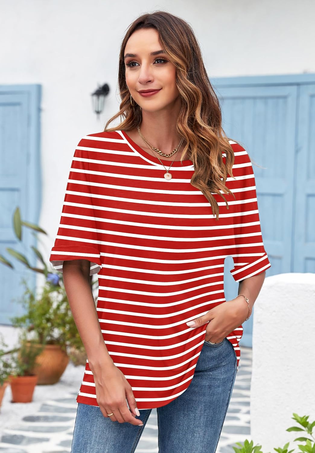 Thumbnail 1 de WNEEDU Oversize Shirt Damen – Kurzarm Rundhals, Leichtes Sommer-T-Shirt mit gekrempelten Ärmeln