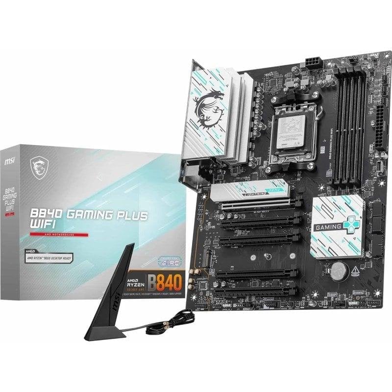 Detalle de MSI B840 GAMING PLUS WIFI (AMD B840, AM5, DDR5, ATX) con WiFi 7 y 2.5GbE