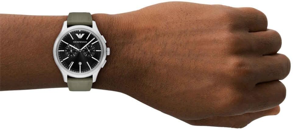 Detalle de Emporio Armani Uhr mit Chronograph und grünem Lederband