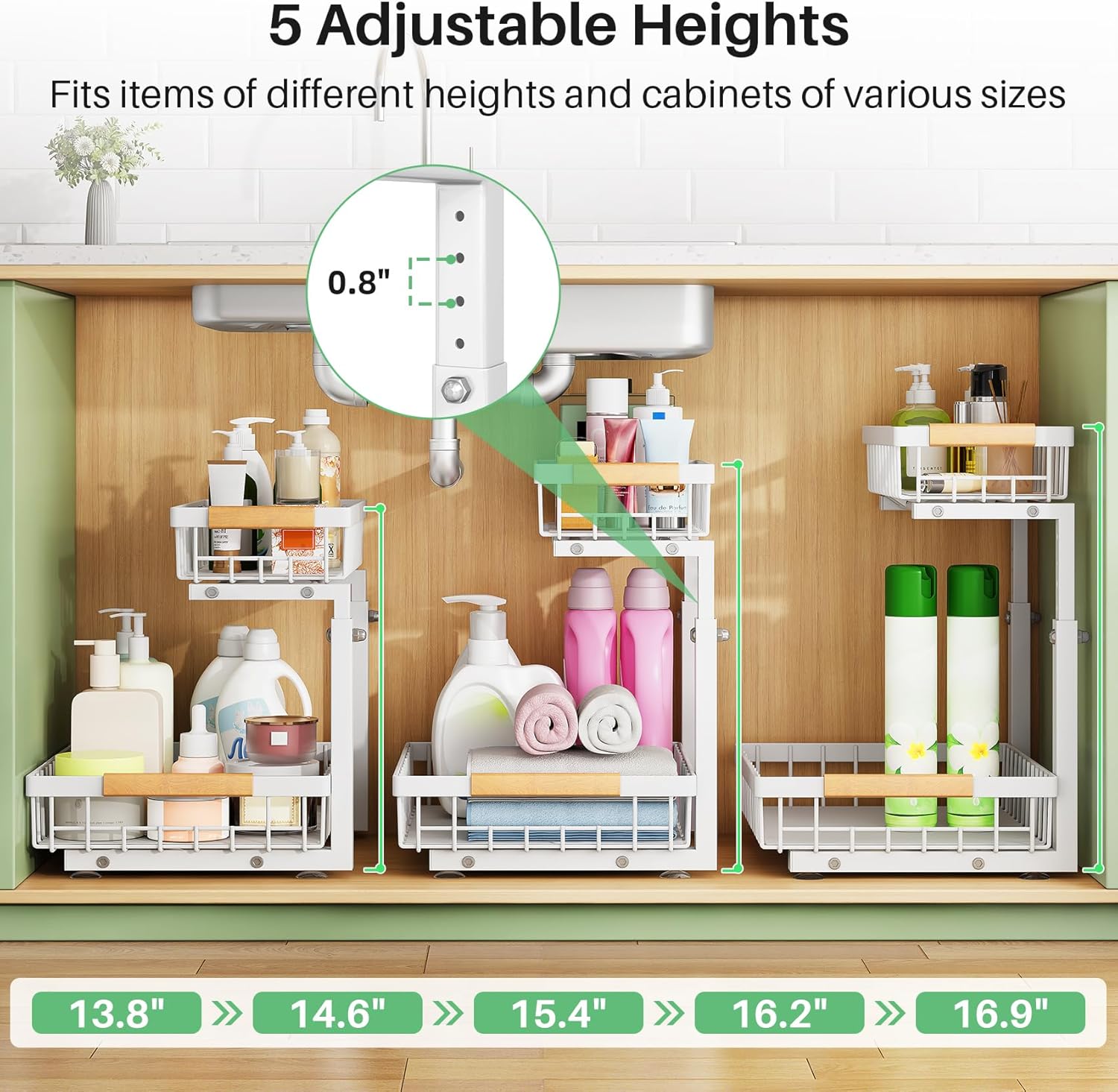 Thumbnail 6 de Kitstorack 2-Tier Sliding Cabinet Organizer, Adjustable White Carbon Steel Shelf