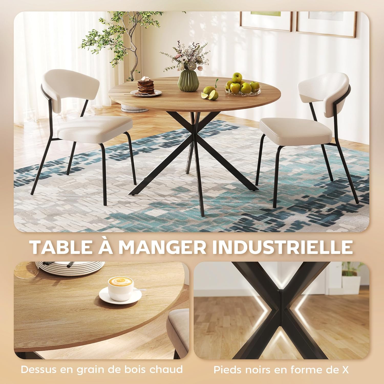 Thumbnail 3 de HOMCOM Table à Manger Rond 120 cm pour 4 Personnes – Style Industriel avec Plateau Bois et piètement Croisé en Acier (Chêne)