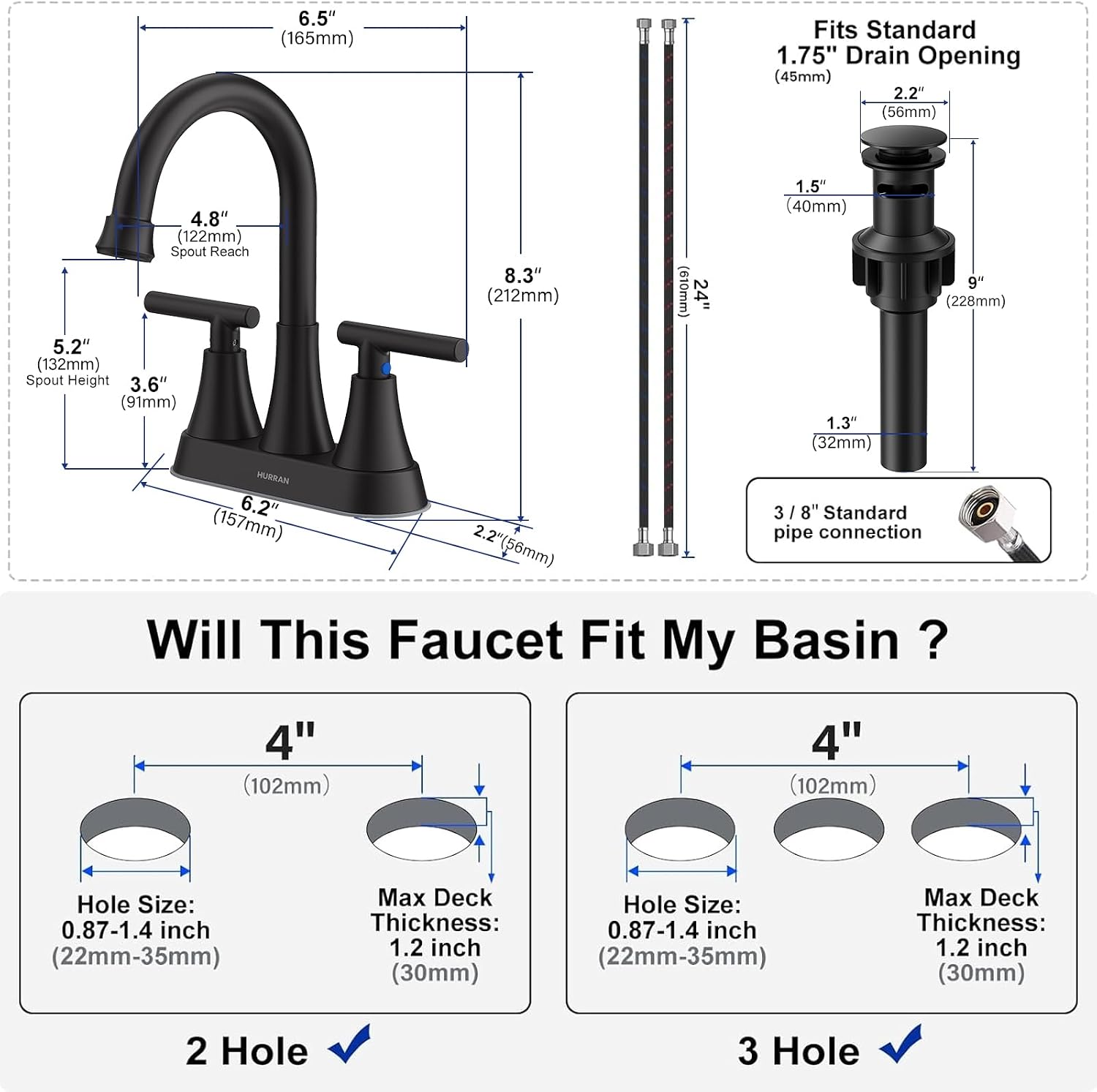Detalle de Hurran 4-Inch Centerset Matte Black Bathroom Faucet (3-Hole Sink) with Pop-Up Drain and Supply Hoses