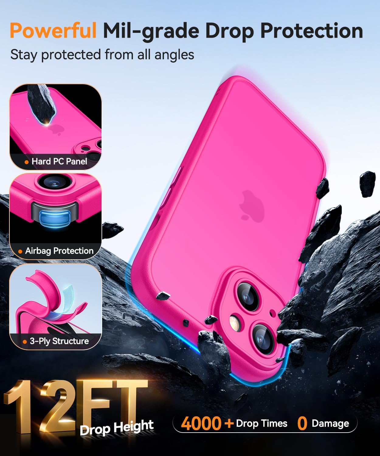 Detalle de CANSHN Matte Compatible with iPhone 15 Case (6.1") – Hot Pink, shockproof protection with full camera cover