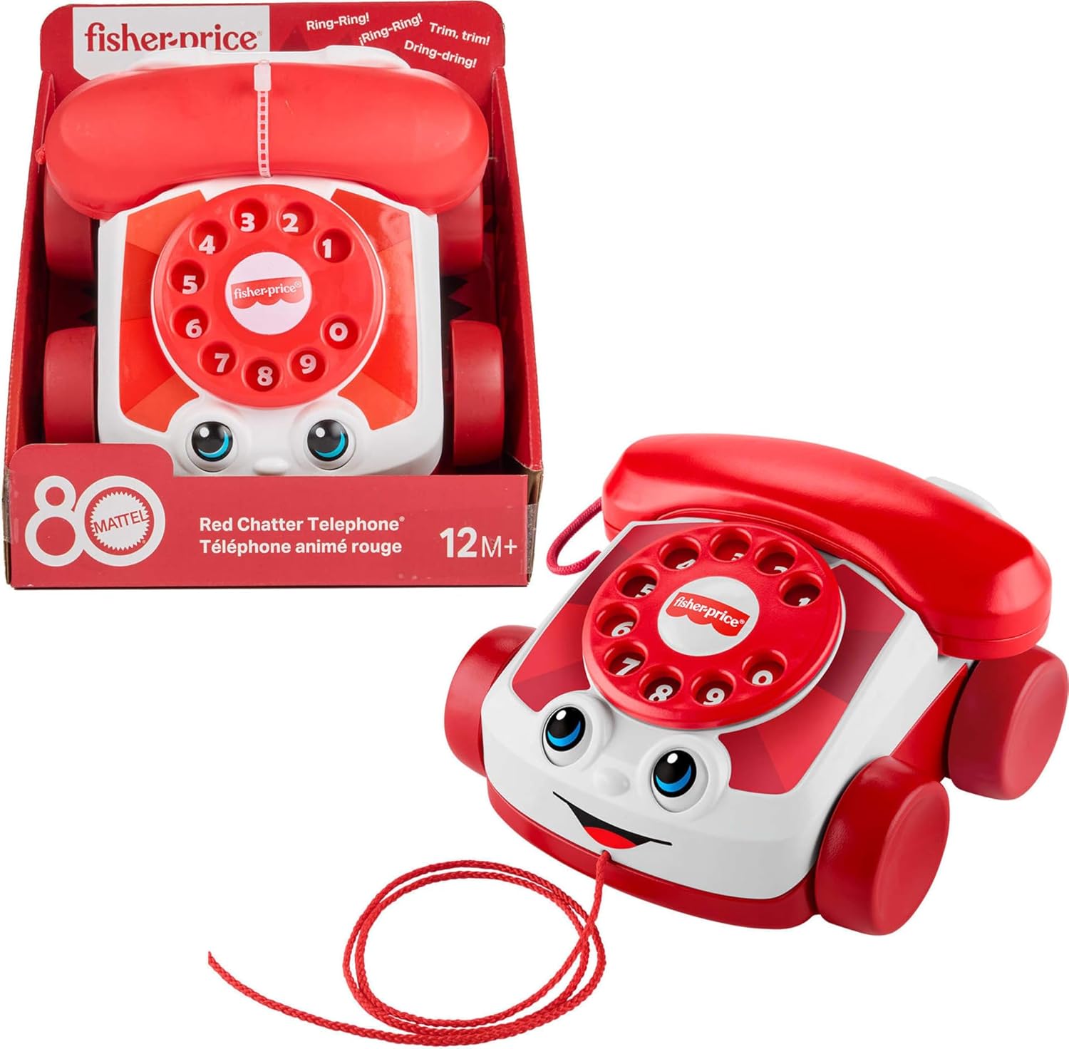 Fisher-Price Red Chatter Telephone (Mattel 80th Anniversary Edition) pull-along activity toy, JGG97