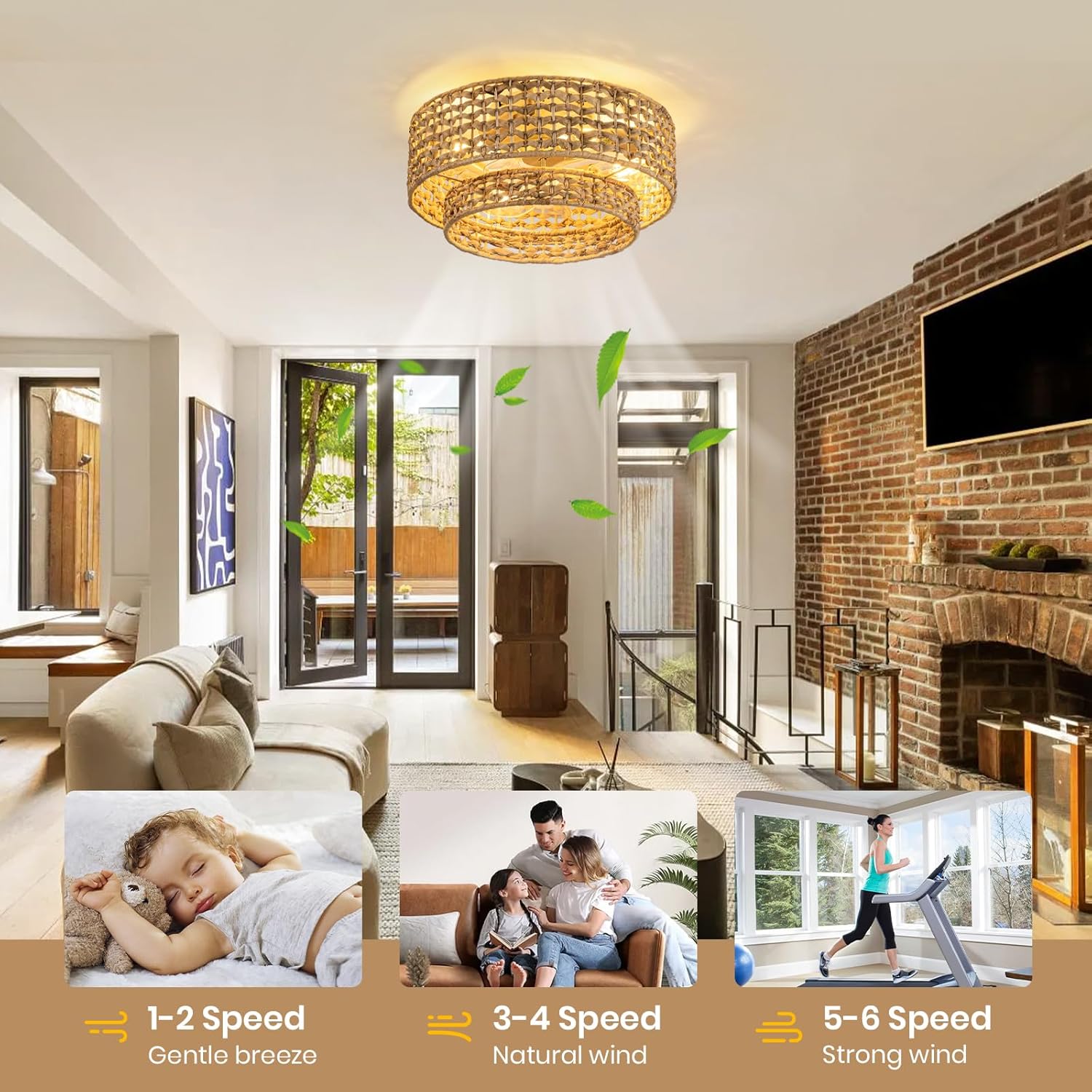Thumbnail 1 de OKES Boho Caged Ceiling Fan with Light, Handwoven Rattan, Remote, 6 Speeds