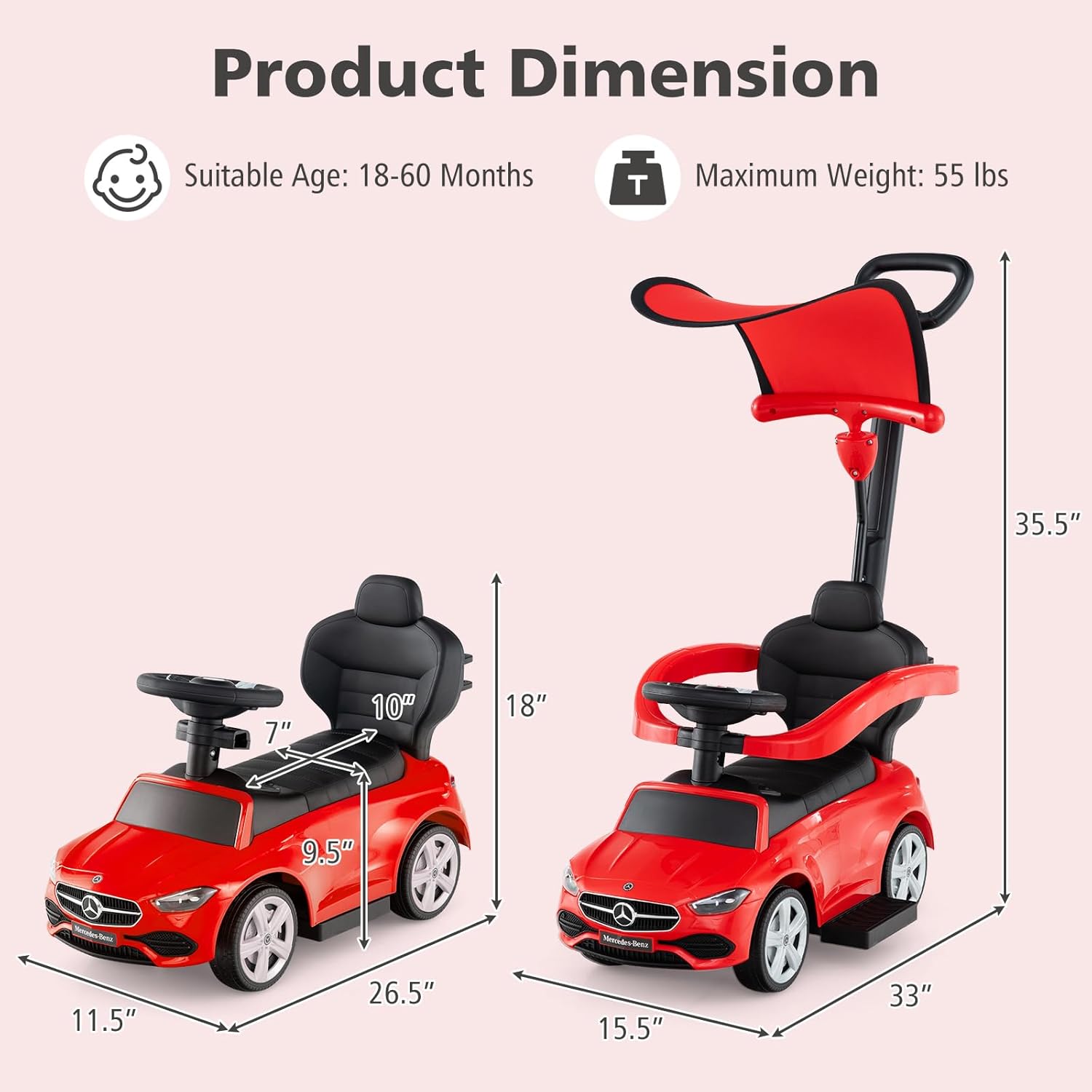 Thumbnail 4 de INFANS Licensed Mercedes Benz 3-in-1 Push & Ride Car for Toddlers (Red)