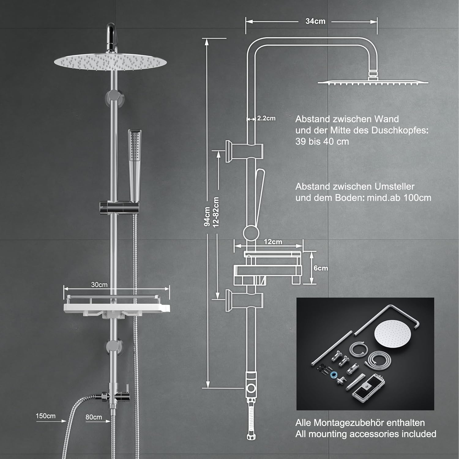 Thumbnail 5 de Görbach Colonna doccia in acciaio inox senza miscelatore con soffione pioggia, saliscendi e mensola (D25 cm)