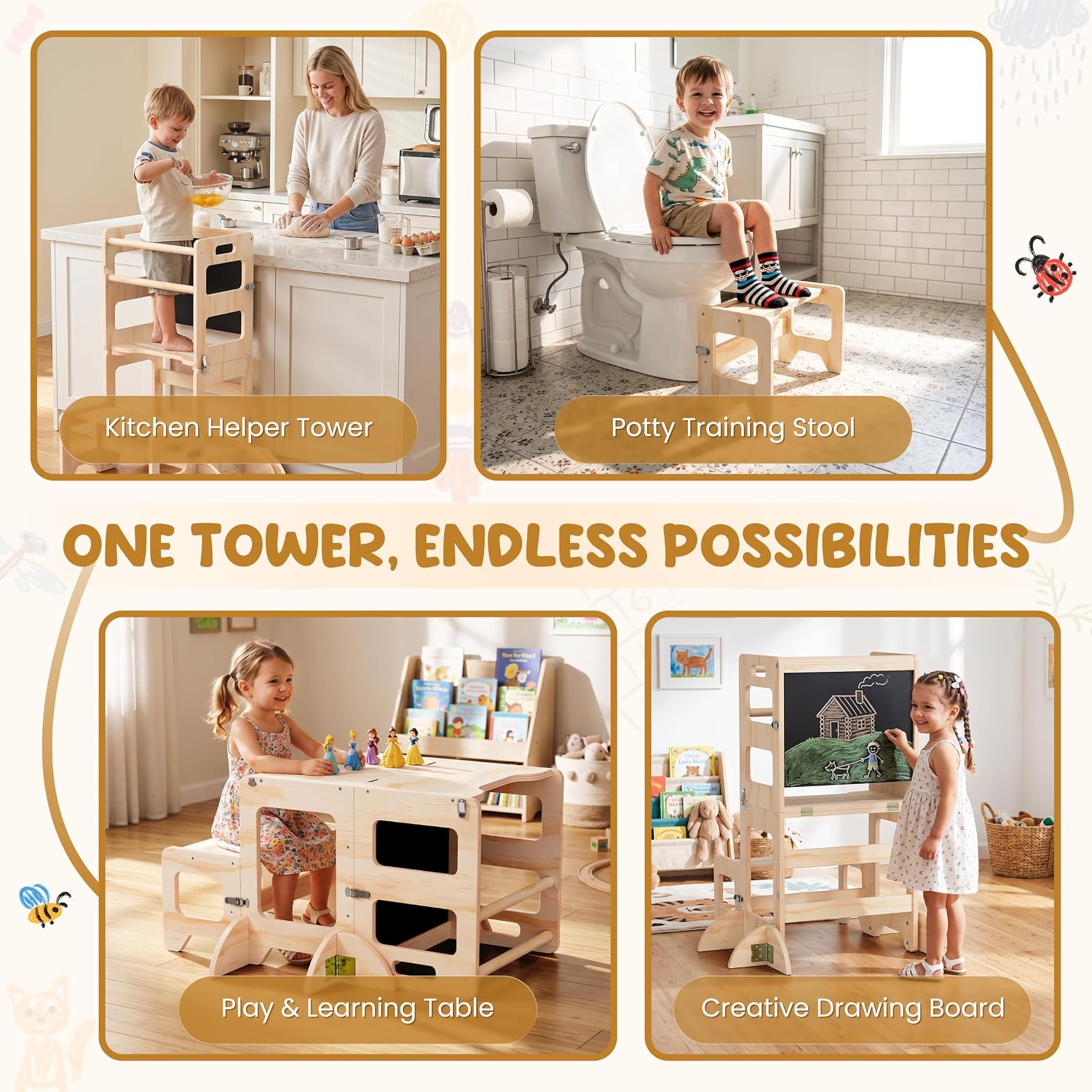 Detalle 2 de Toddler Kitchen Step Stool 4-in-1 Foldable Standing Tower with Blackboard (Ages 18 Months to 4 Years)