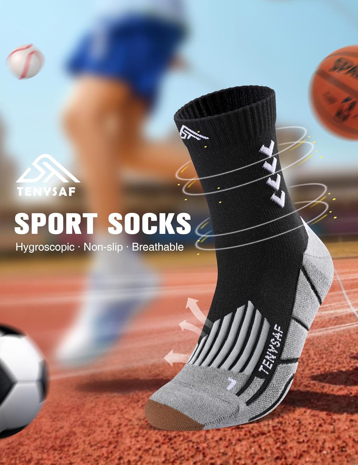 Detalle de Compression Crew Running Socks with Cushion & Arch Support (3 Pairs) — Nylon/Polyester/Spandex Athletic Socks