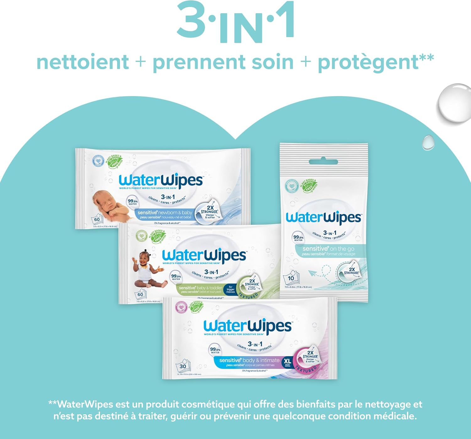 Thumbnail 6 de WaterWipes Sensitive+ On The Go Wipes — Lingettes sans parfum, 99,9% eau purifiée, 100 unités (10 paquets)