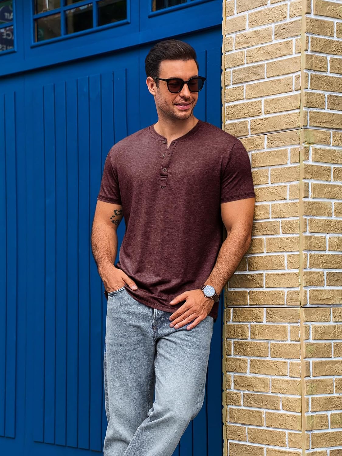 Thumbnail 4 de Runcati Herren T-Shirt Henley Kurzarm – Regular Fit, Einfarbig
