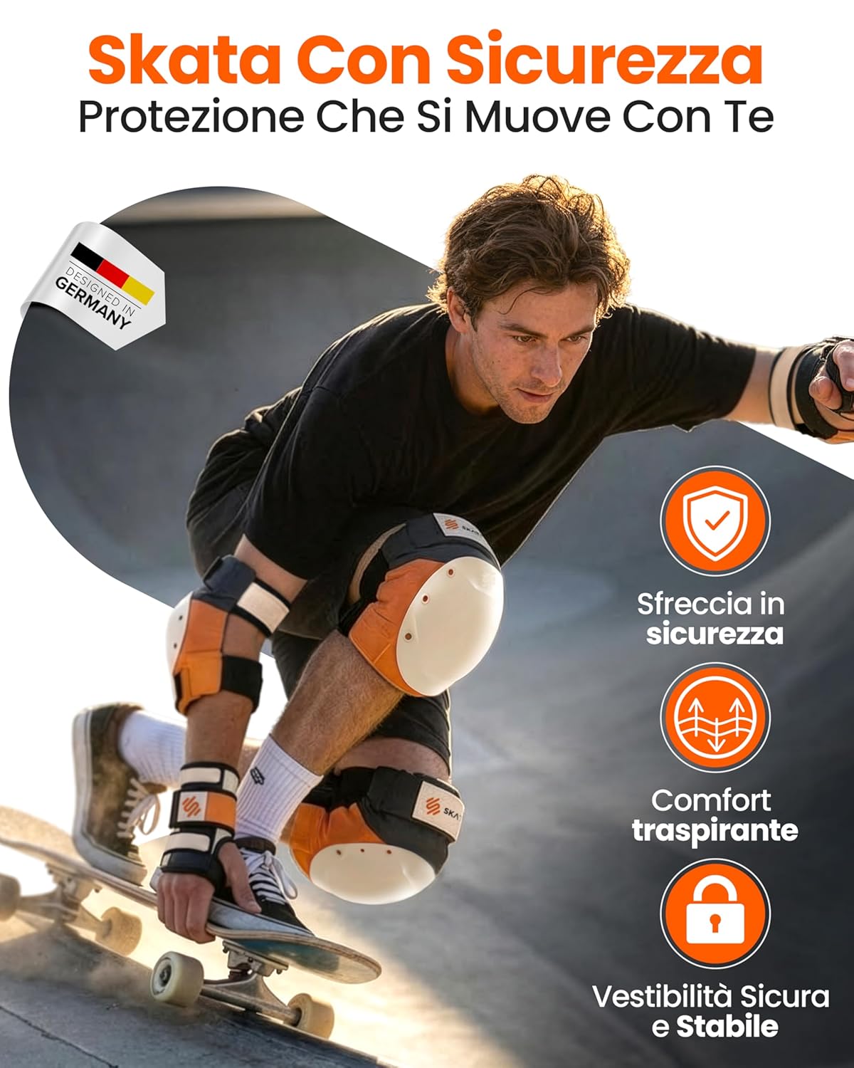 Thumbnail 1 de SKATEWIZ SHIELD Set Protezioni Adulto – Ginocchiere, Gomitiere e Polsi per Inline, Skateboard, BMX e Pattini a 4 Ruote / Taglia L / Alba Arancione