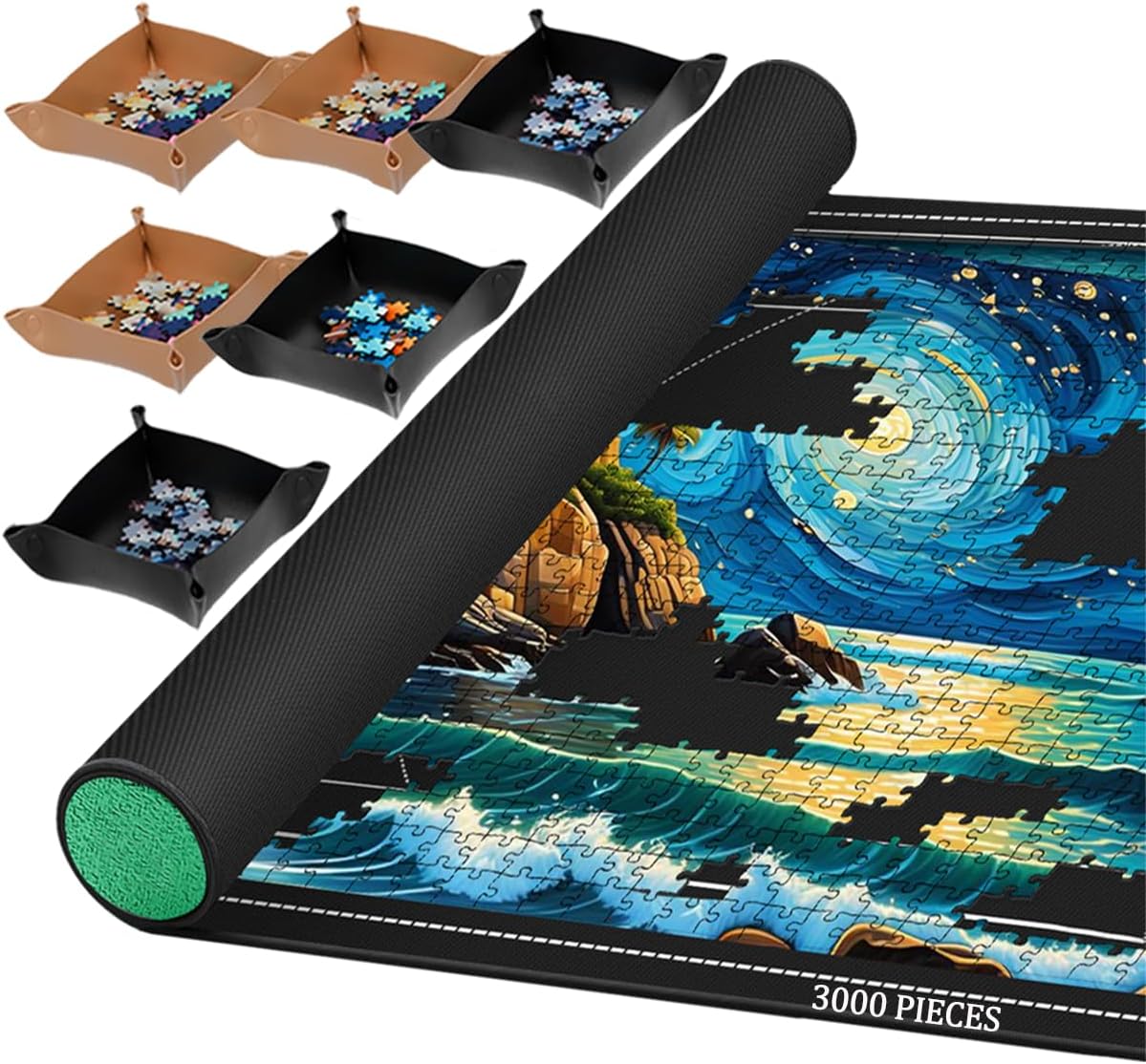Puzzlematte Puzzleunterlage als Roll-Matte bis 3.000 Teile – 3000/2000/1500/1000 Teile, Puzzlemappe & Sortierfächer
