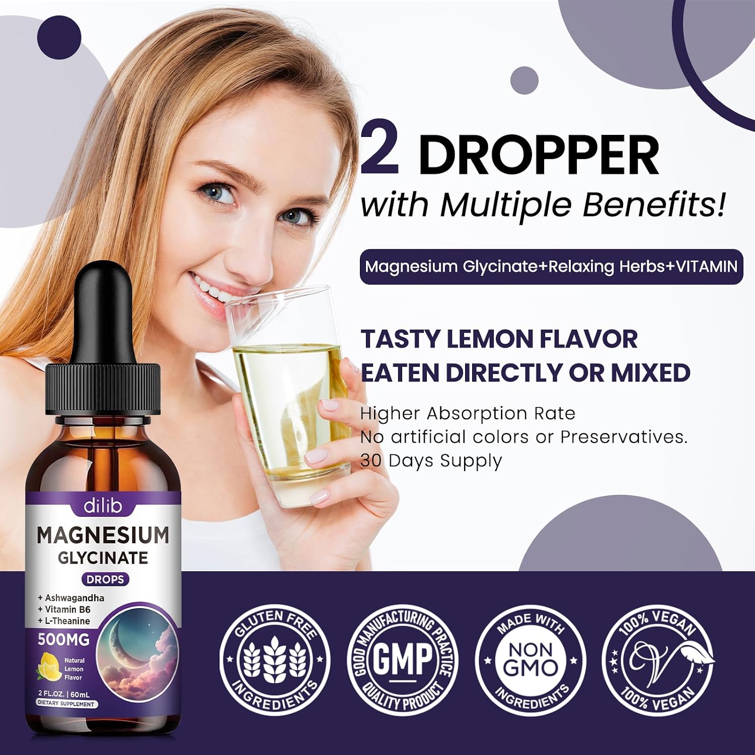 Thumbnail 6 de dilib mggly-1 Magnesium Glycinate Drops with Vitamin B6, Ashwagandha and Chamomile