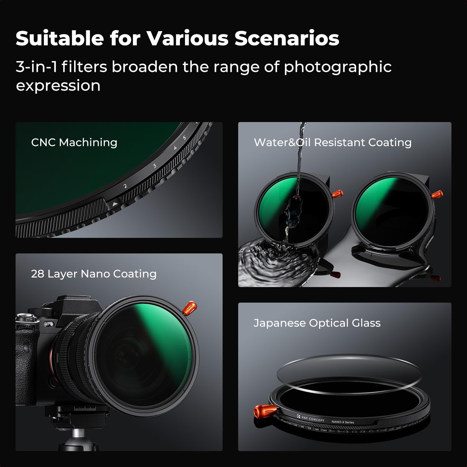 Detalle 2 de K&F CONCEPT 3-in-1 Variabler ND2–32 + CPL + Black Mist 1/4 Filter (95 mm) für Video & Porträts
