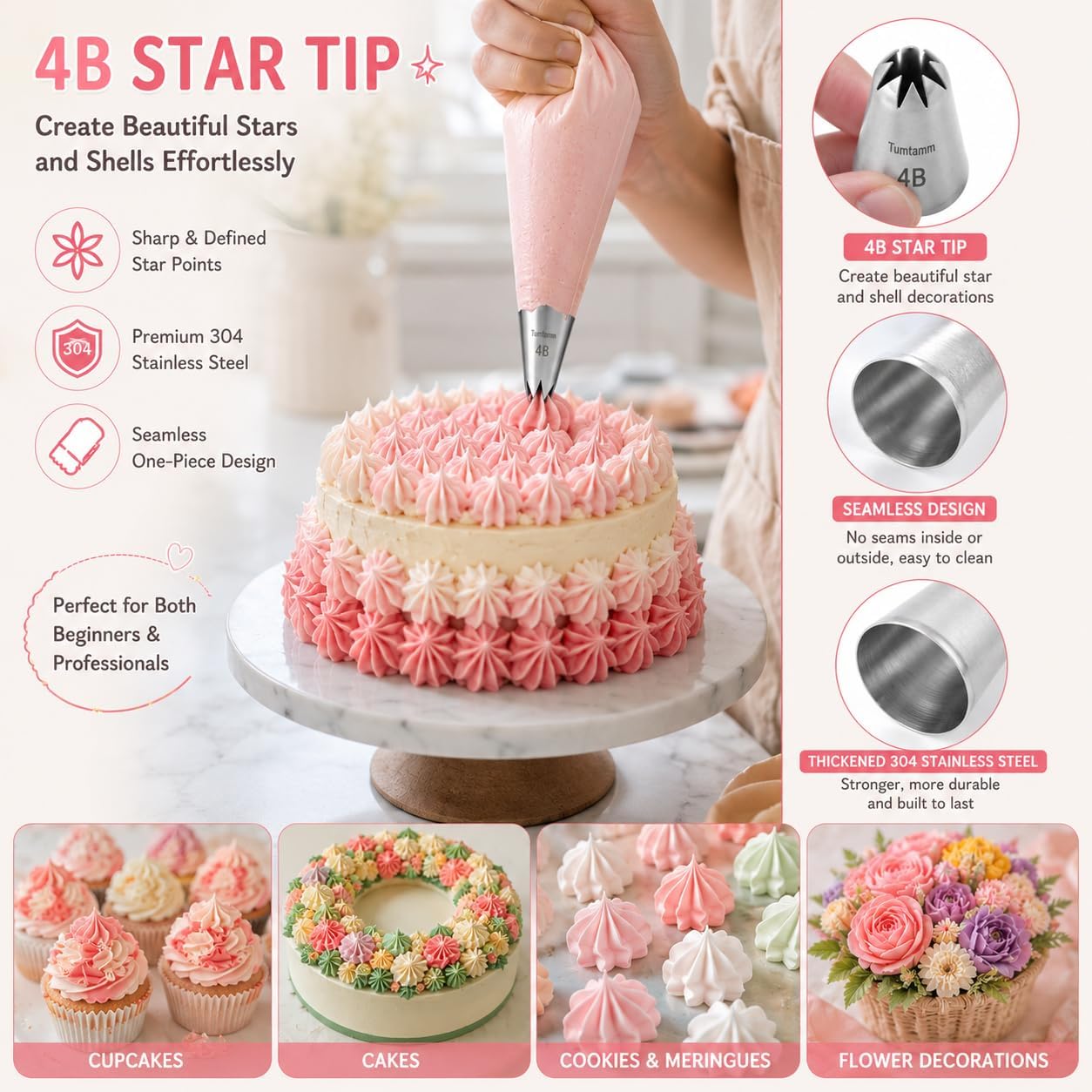 Thumbnail 2 de Tumtanm Piping Tips: 4B Large Stainless Steel Icing Tip Set (3 Pieces) for Cakes and Cupcakes