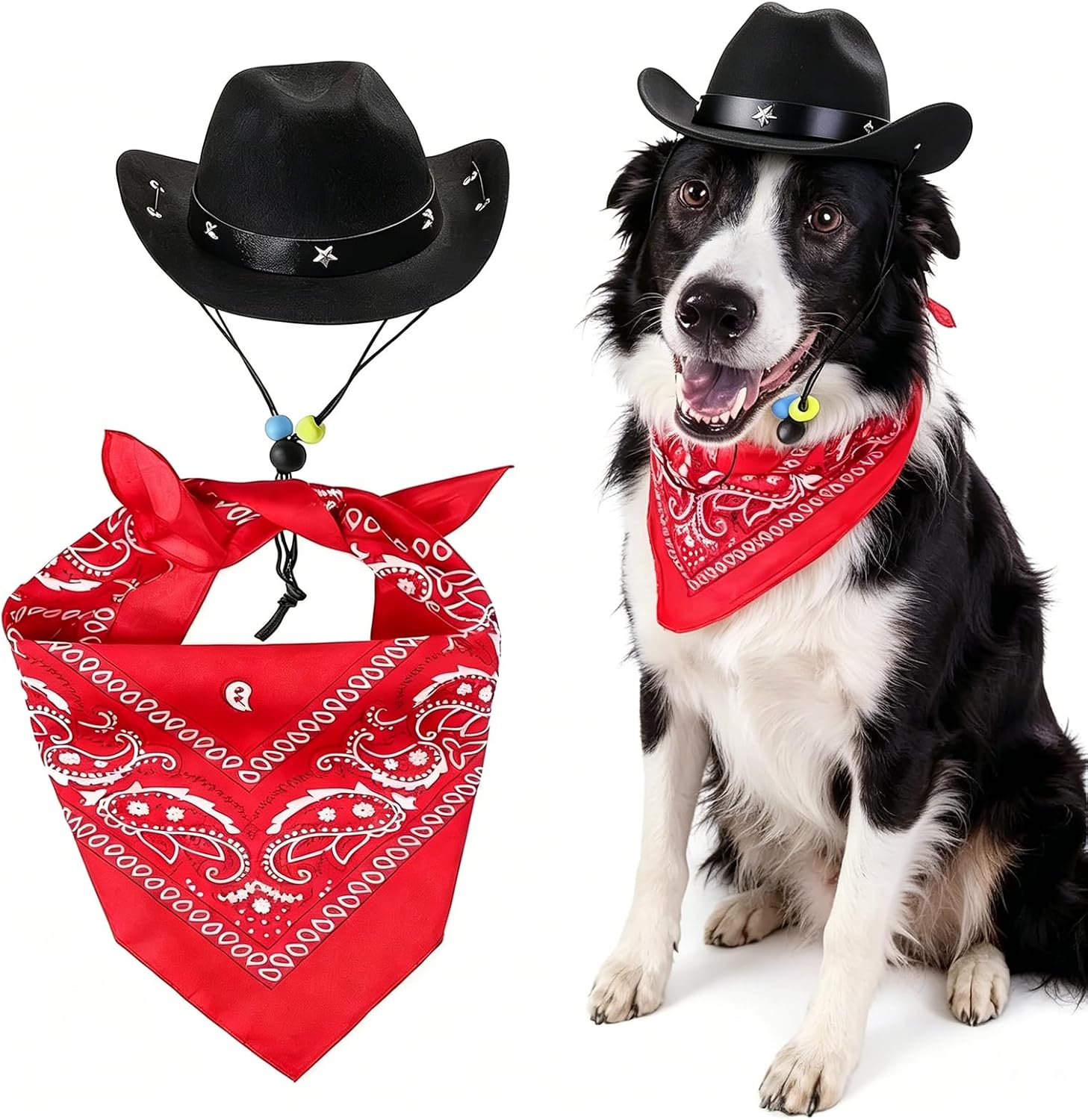 Detalle de Ling & Bai 2Pcs Dog Cowboy Hat Costume Set: Hat and Red Bandana for Pets (Black)